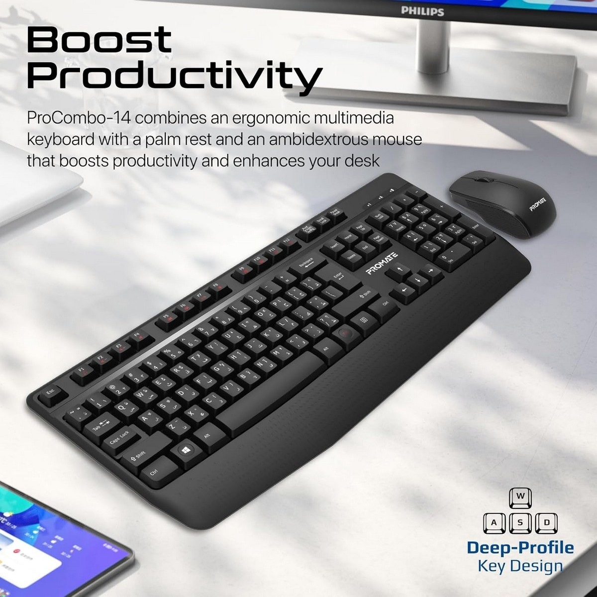 Promate ProCombo-14 Wireless Keyboard & Mouse Combo with Palm Rest