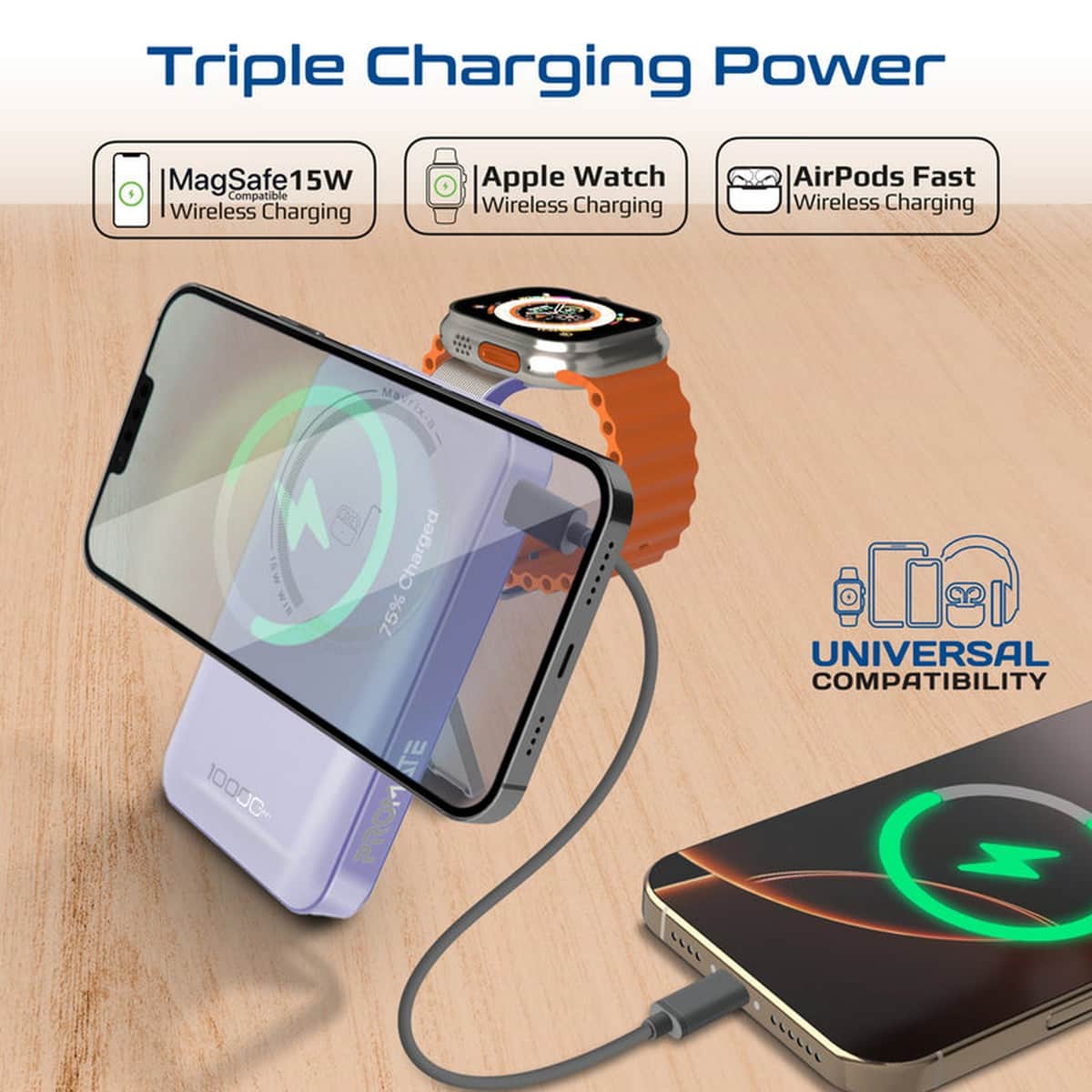 Promate 10000mAh 3-in-1 MagSafe Wireless Power Bank