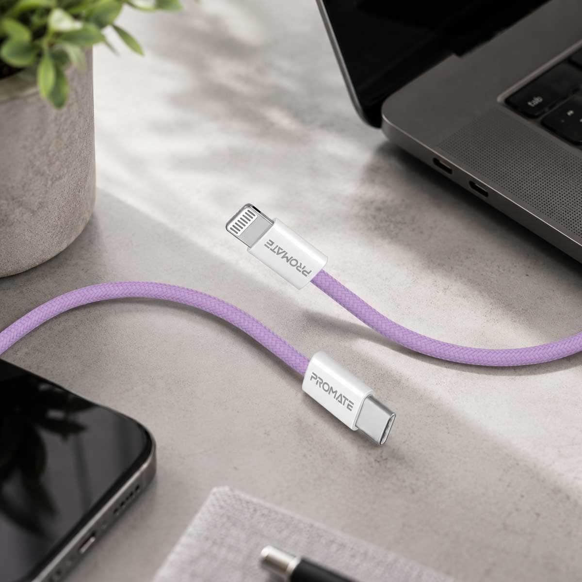 Promate 1.2m 27W USB-C to Lightning Braided Cable