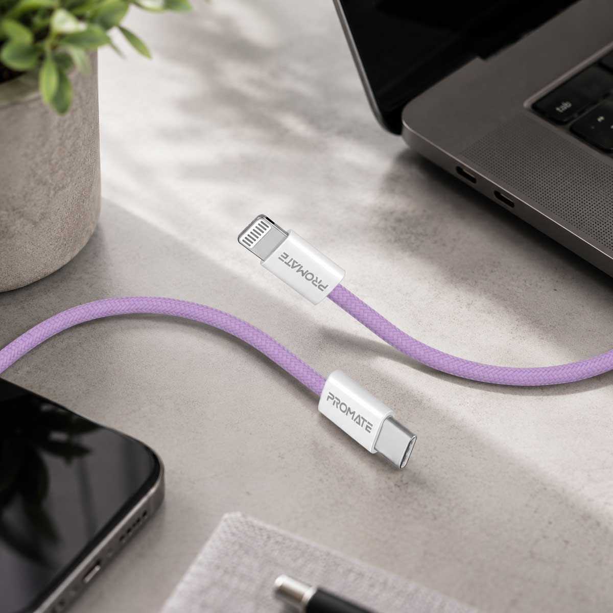 Promate 1.2m 27W USB-C to Lightning Braided Cable