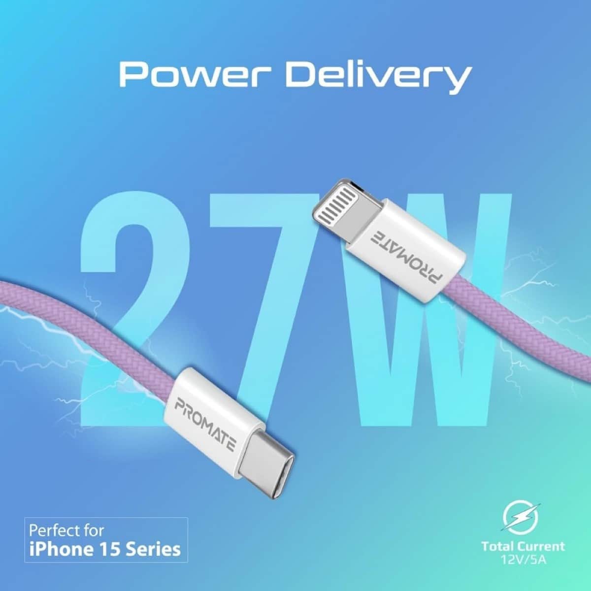 Promate 1.2m 27W USB-C to Lightning Braided Cable