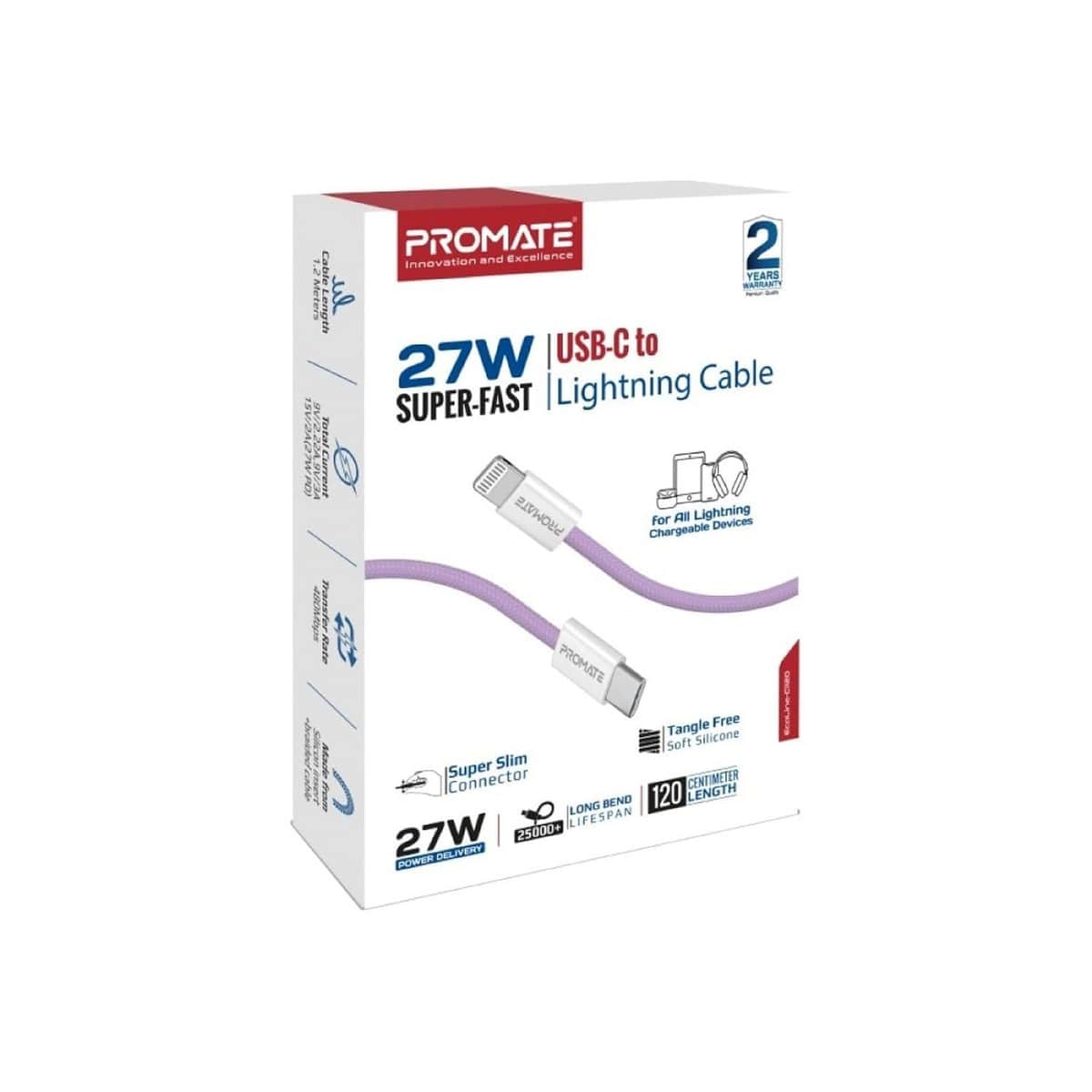 Promate 1.2m 27W USB-C to Lightning Braided Cable