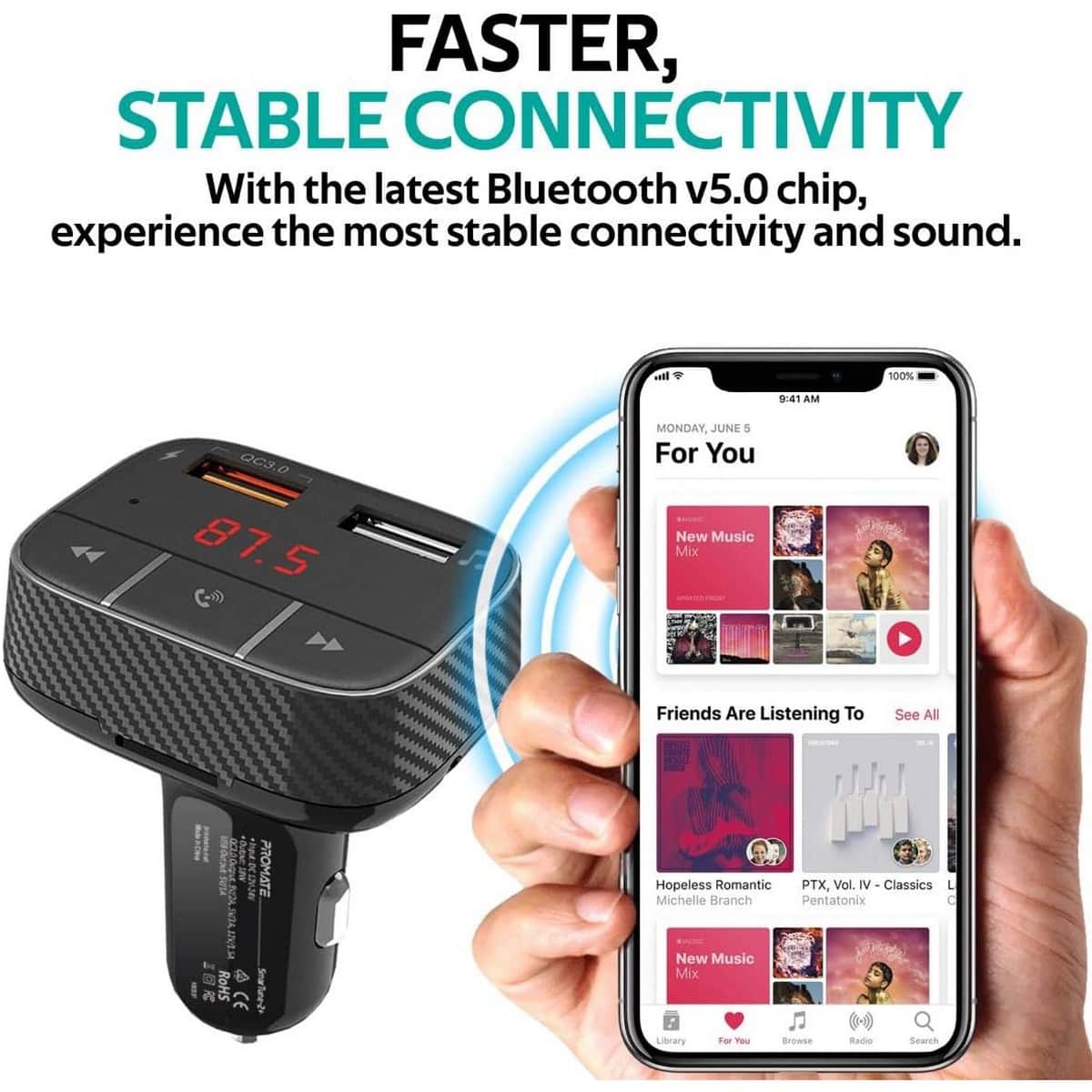 Promate QC 3.0 Wireless Bluetooth FM Transmitter for Car