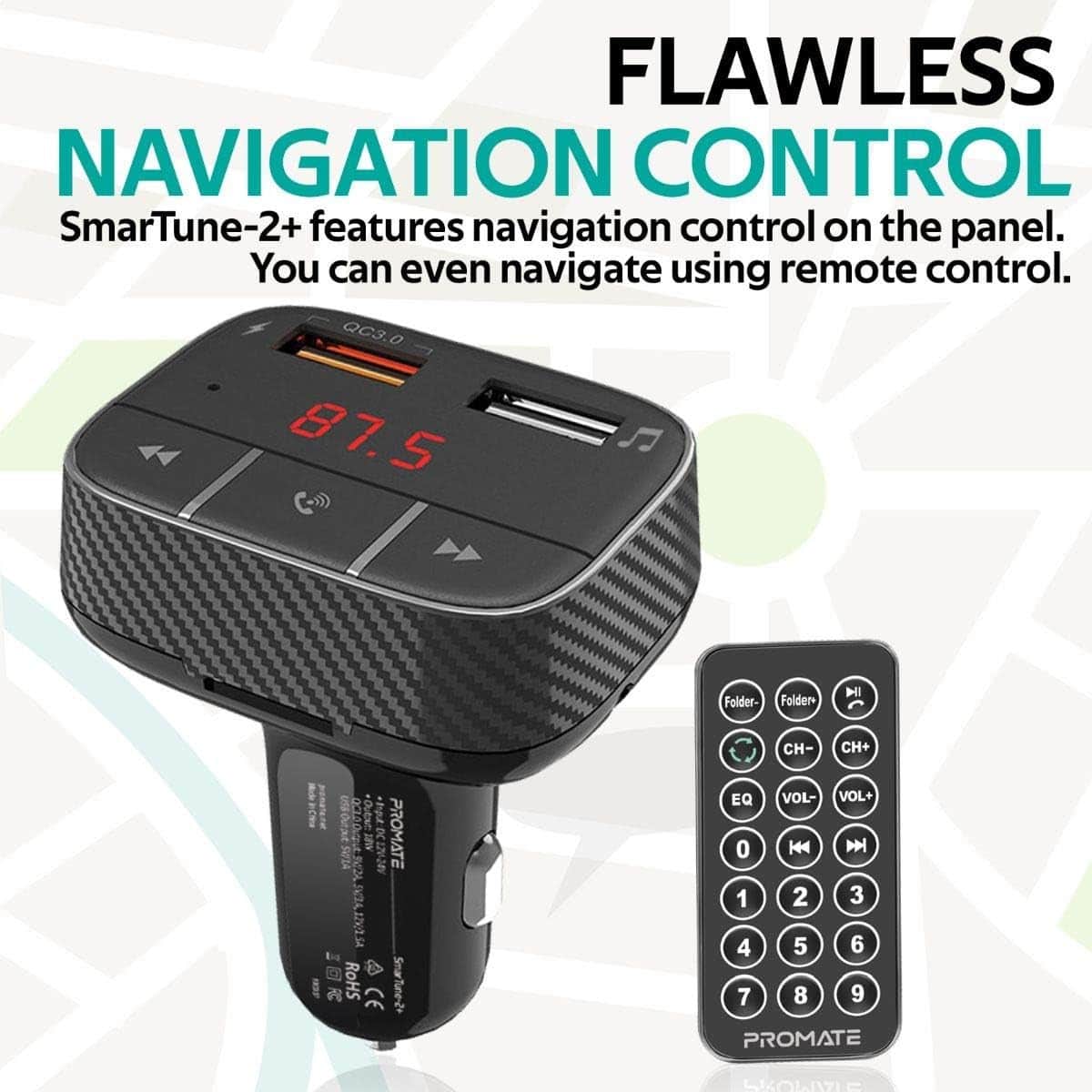 Promate QC 3.0 Wireless Bluetooth FM Transmitter for Car