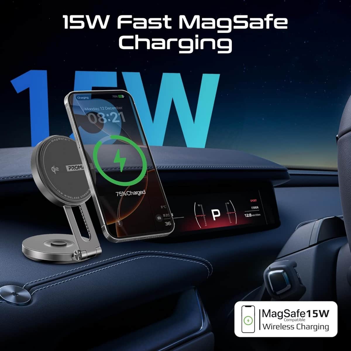 Promate Qi2 15W Magnetic Wireless Car Charger Mount with Swing Arm