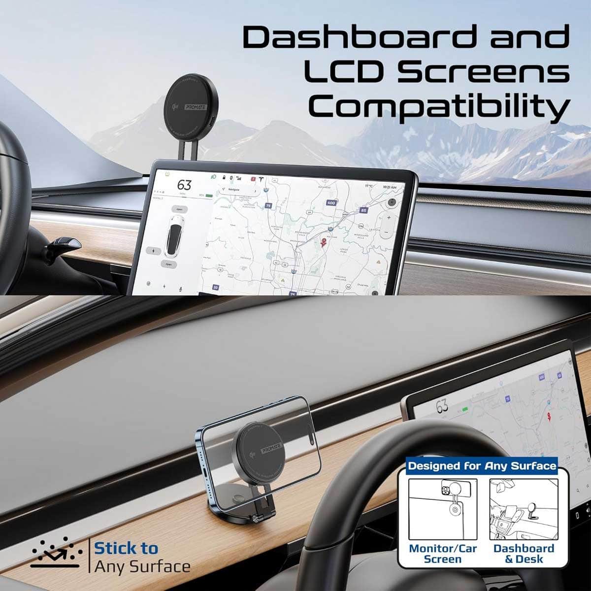Promate Qi2 15W Magnetic Wireless Car Charger Mount with Swing Arm
