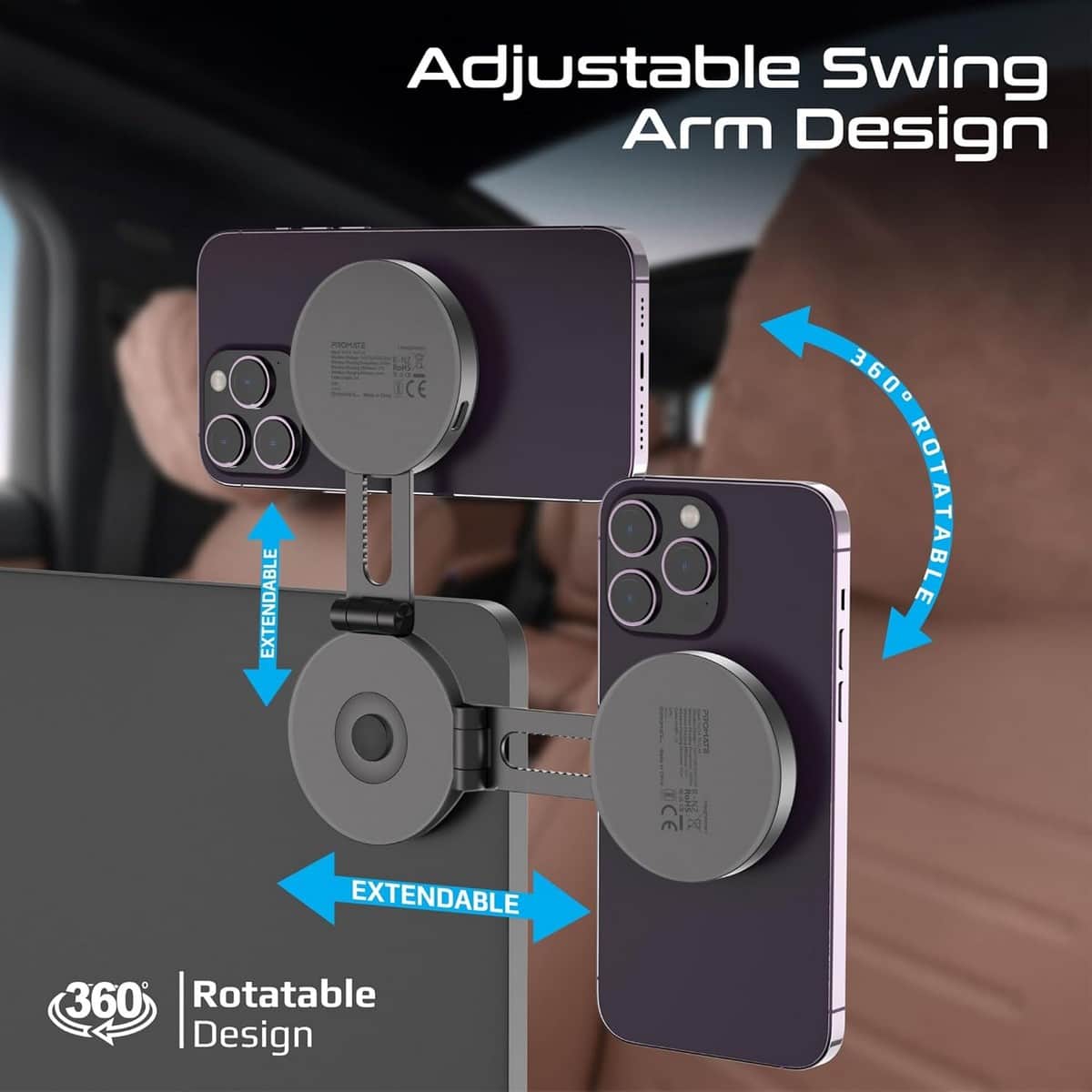 Promate Qi2 15W Magnetic Wireless Car Charger Mount with Swing Arm