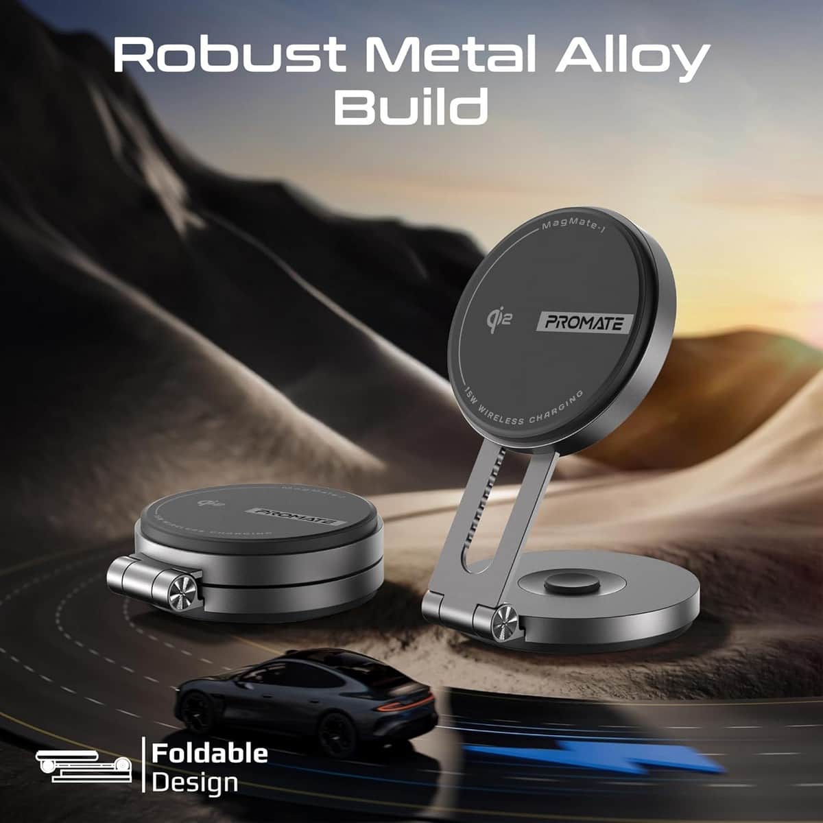 Promate Qi2 15W Magnetic Wireless Car Charger Mount with Swing Arm