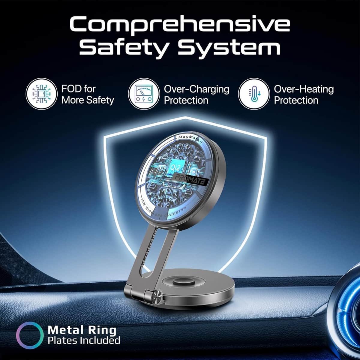 Promate Qi2 15W Magnetic Wireless Car Charger Mount with Swing Arm