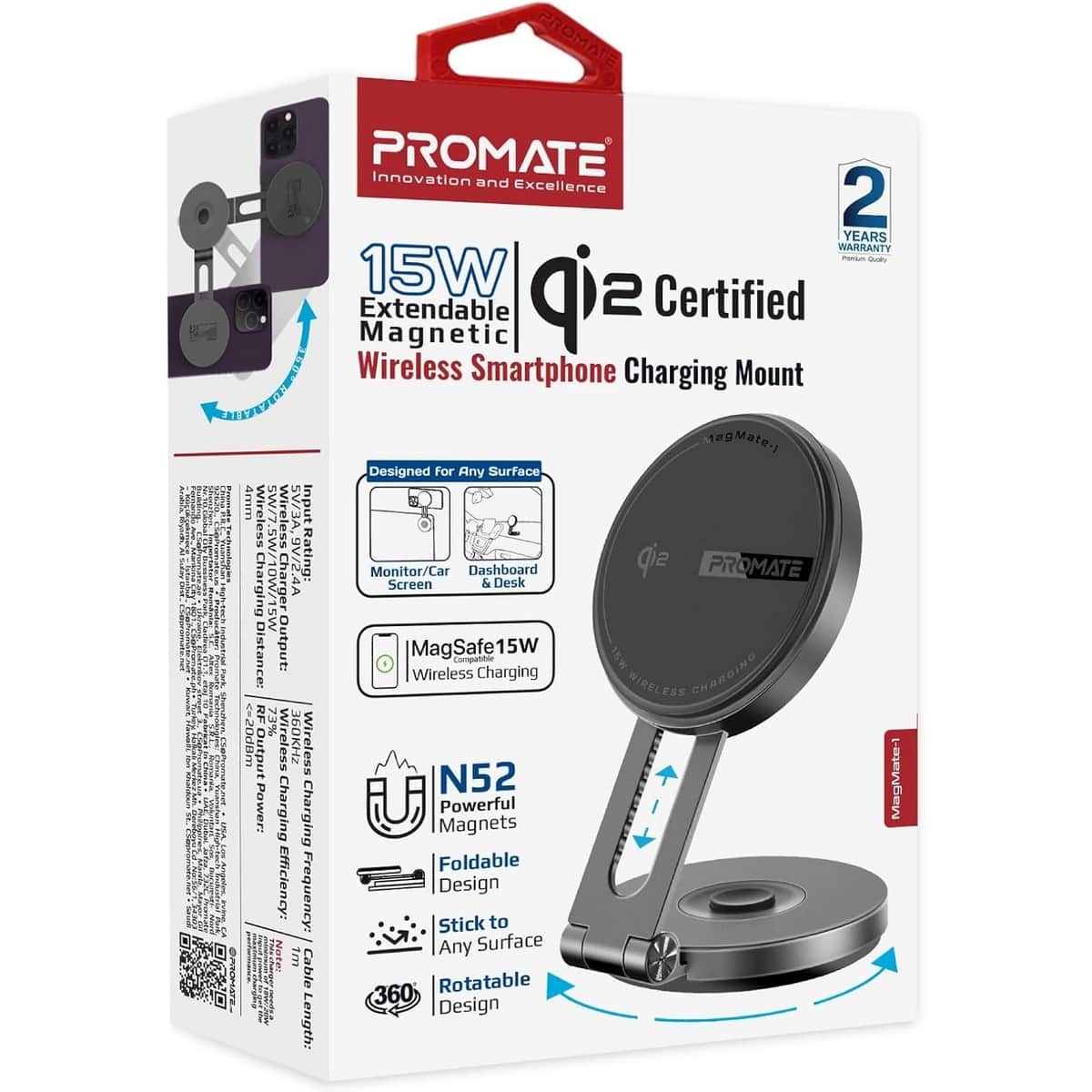 Promate Qi2 15W Magnetic Wireless Car Charger Mount with Swing Arm