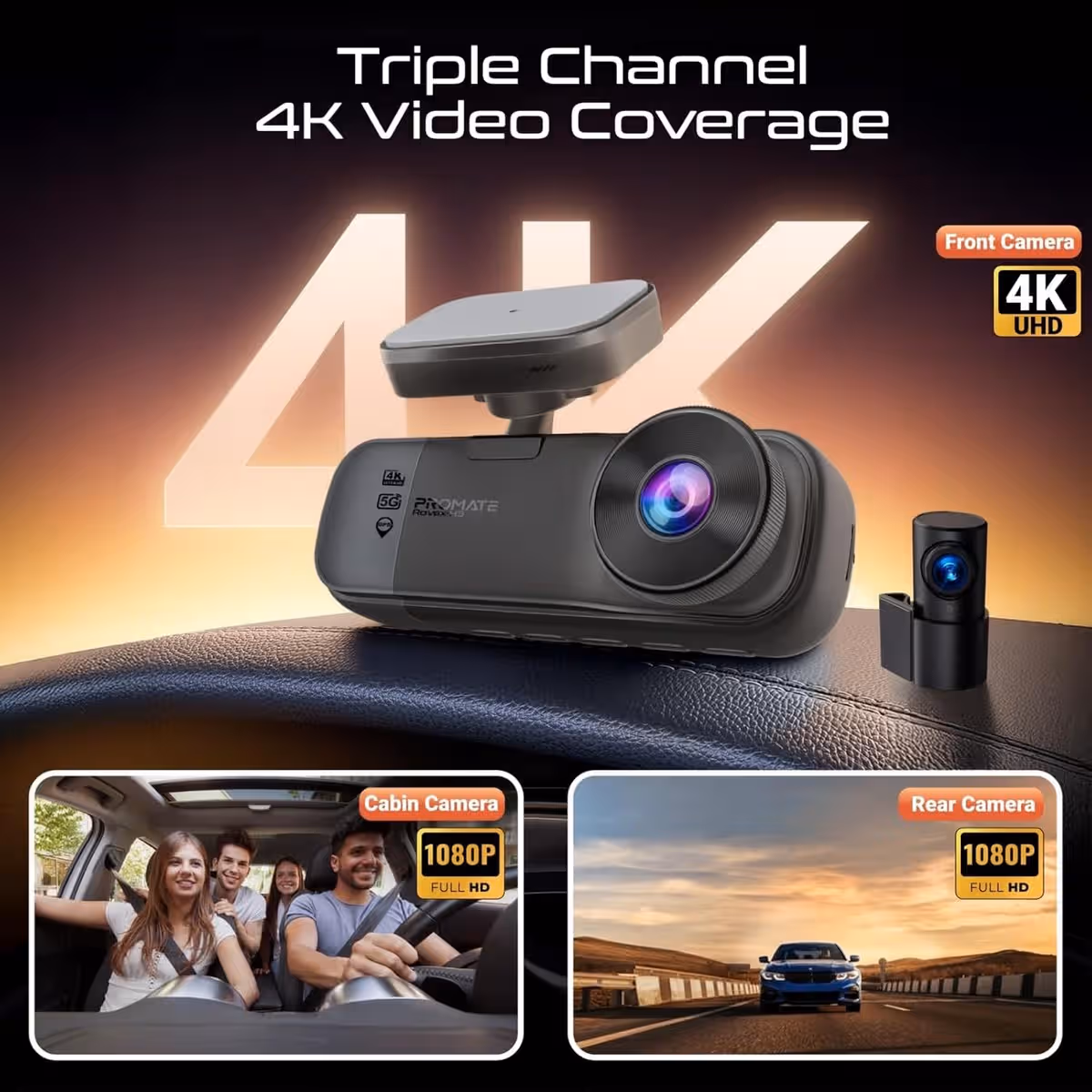 Promate Rovex-H3 4K UHD 3.16" Triple Channel Dash Cam