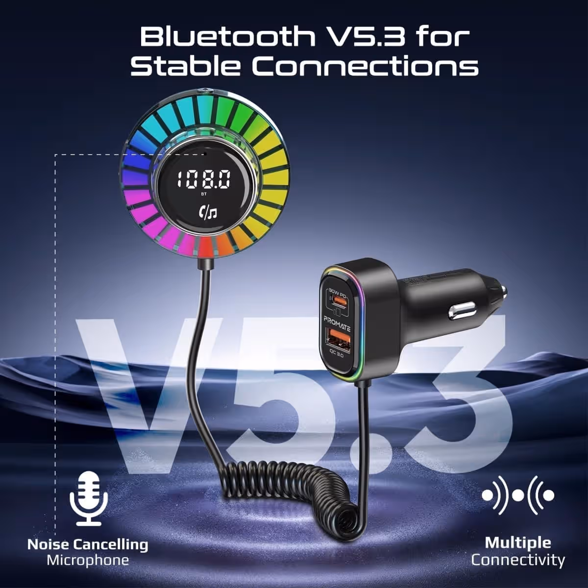 Promate SmarTune-EXT 30W Bluetooth FM Transmitter with Controller