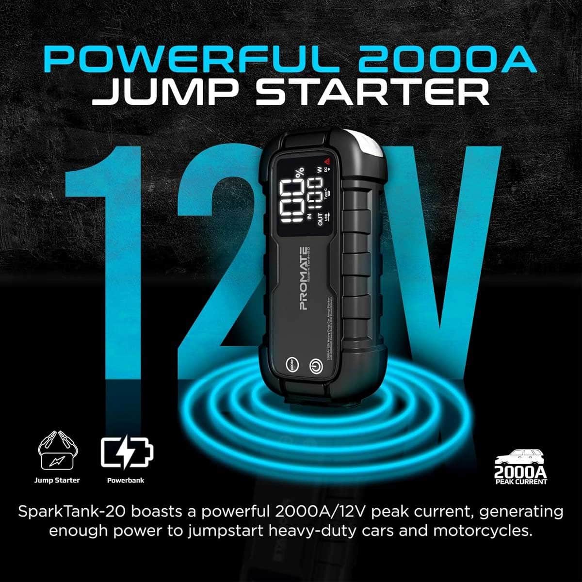 Promate SparkTank-20 2000A 12V Car Jump Starter with 20000mAh Power Bank
