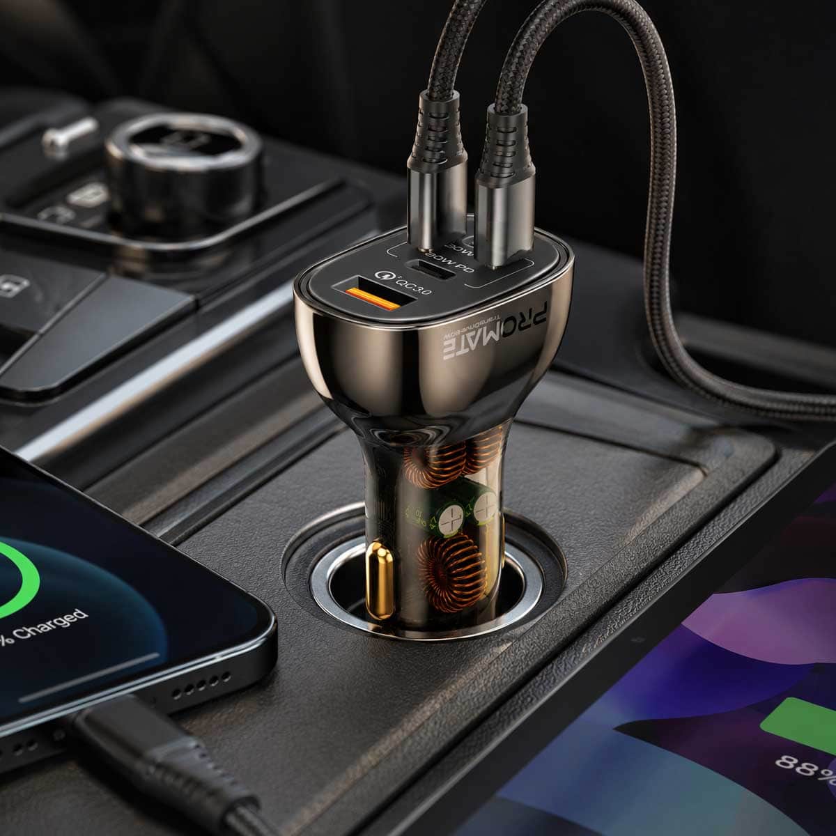 Promate TransDrive-80W Transparent Fast Charge 80W Car Charger