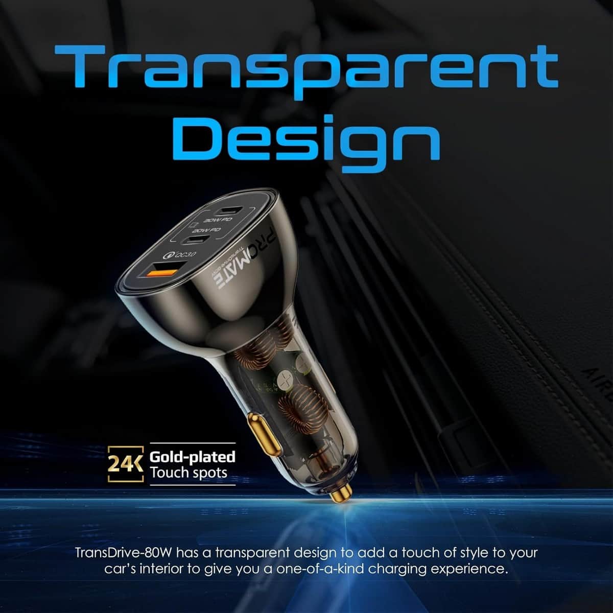 Promate TransDrive-80W Transparent Fast Charge 80W Car Charger