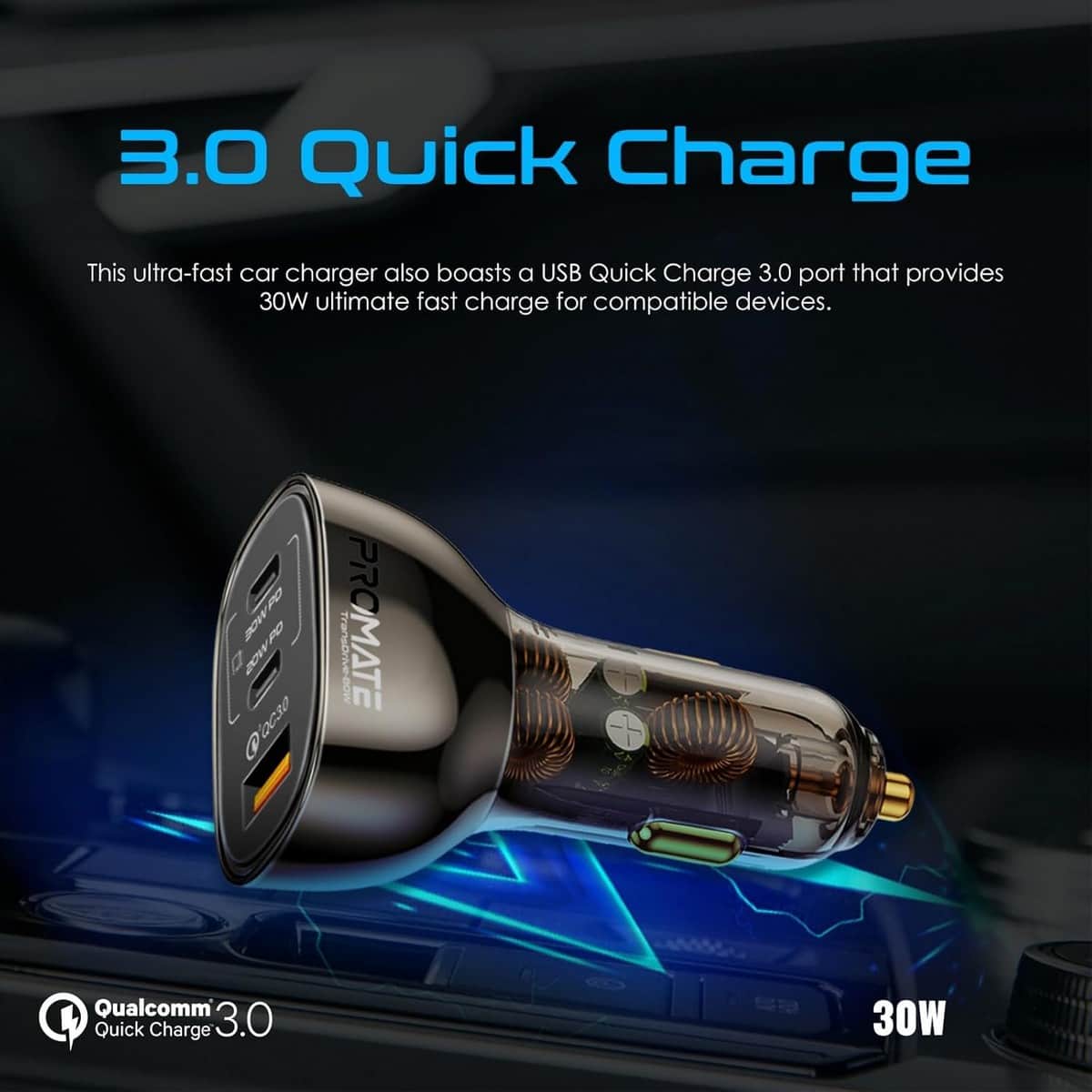 Promate TransDrive-80W Transparent Fast Charge 80W Car Charger