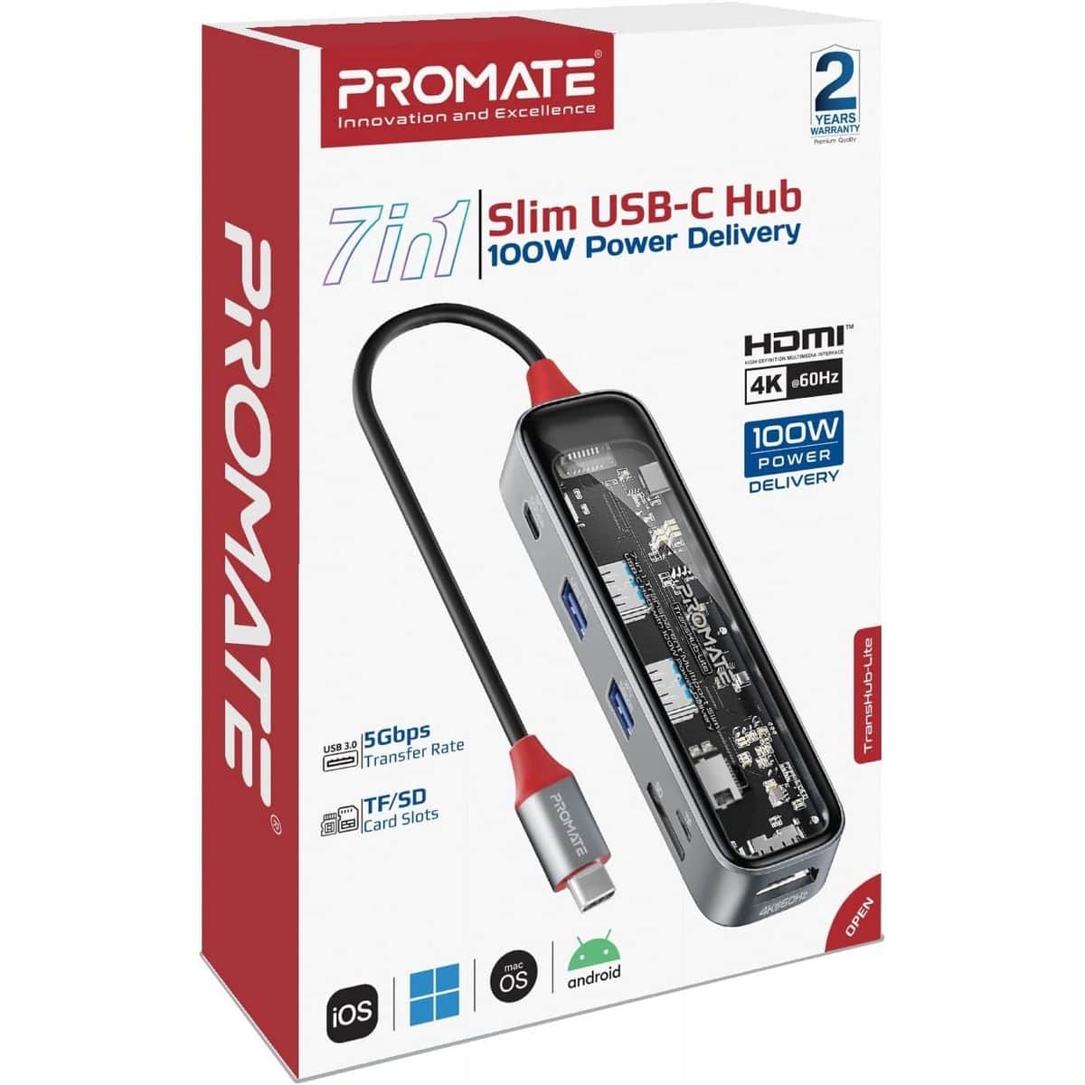 بروميت ترانسهب-لايت موزع USB-C شفاف، 7 في 1، مع HDMI بدقة 4K