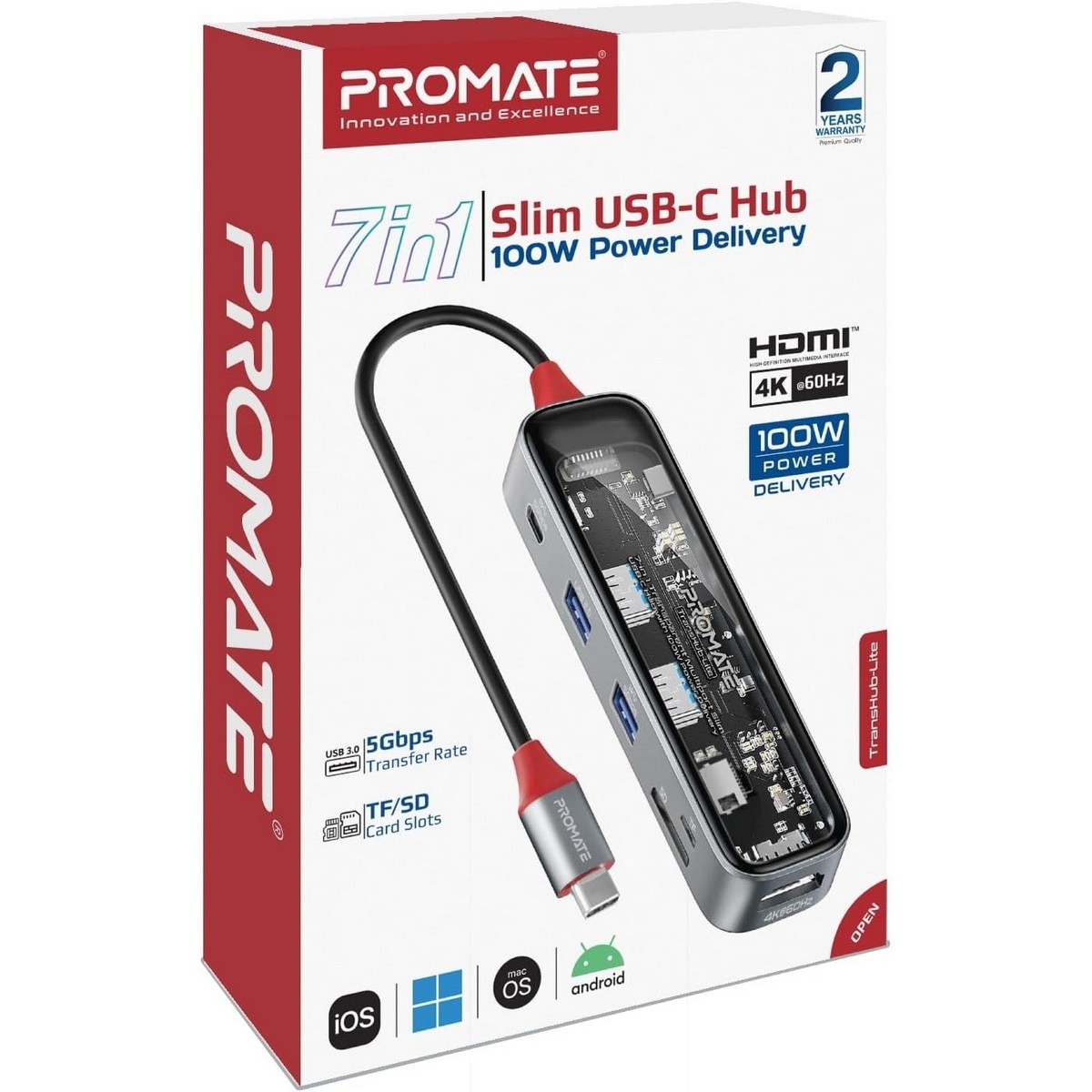 بروميت ترانسهب-لايت موزع USB-C شفاف، 7 في 1، مع HDMI بدقة 4K