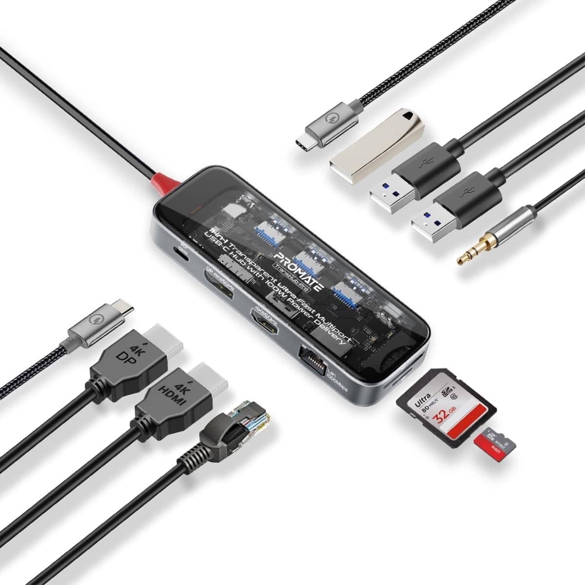 بروميت ترانسهب-برو موزع USB-C، 11 في 1، بمنفذي HDMI مزدوجين بدقة 4K