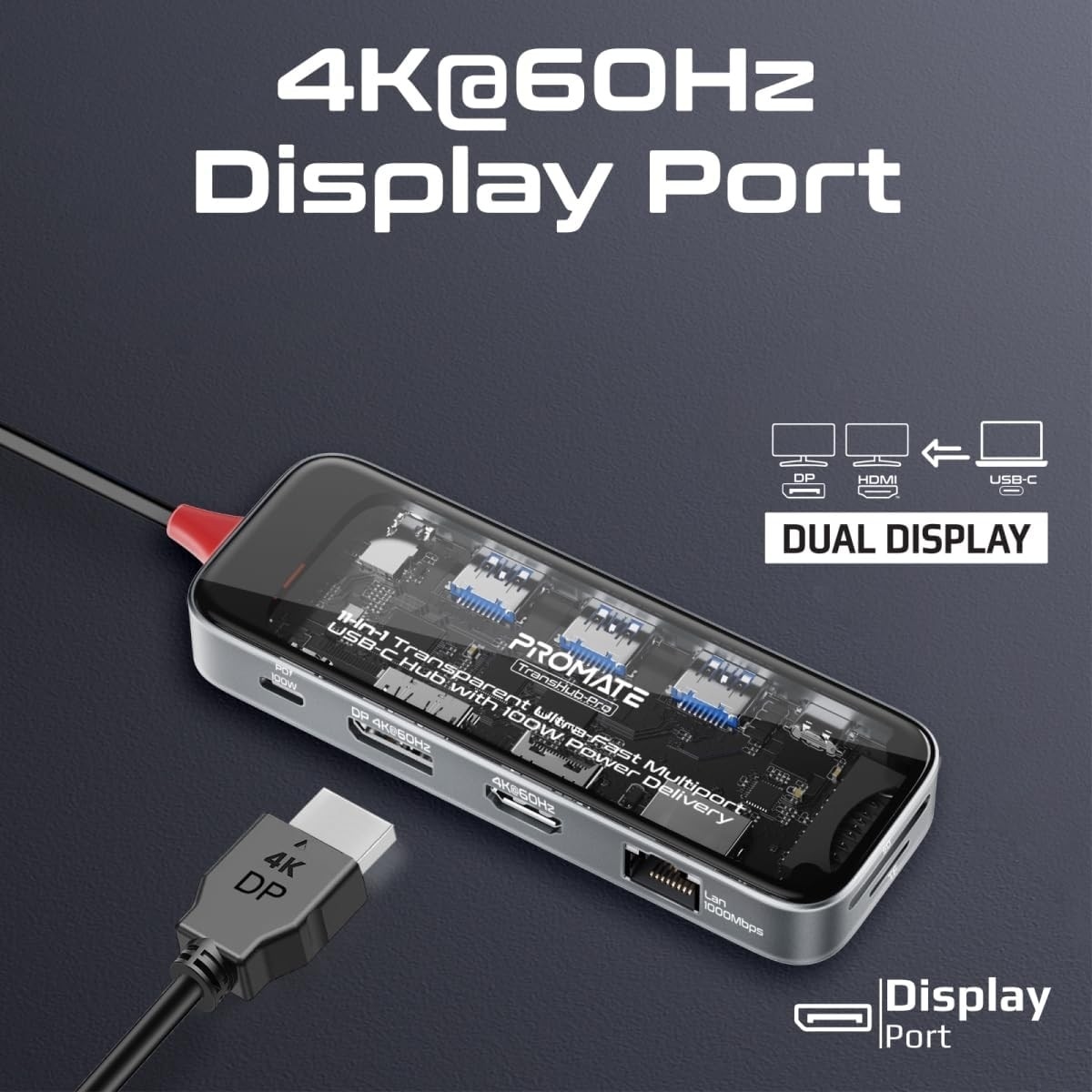 بروميت ترانسهب-برو موزع USB-C، 11 في 1، بمنفذي HDMI مزدوجين بدقة 4K