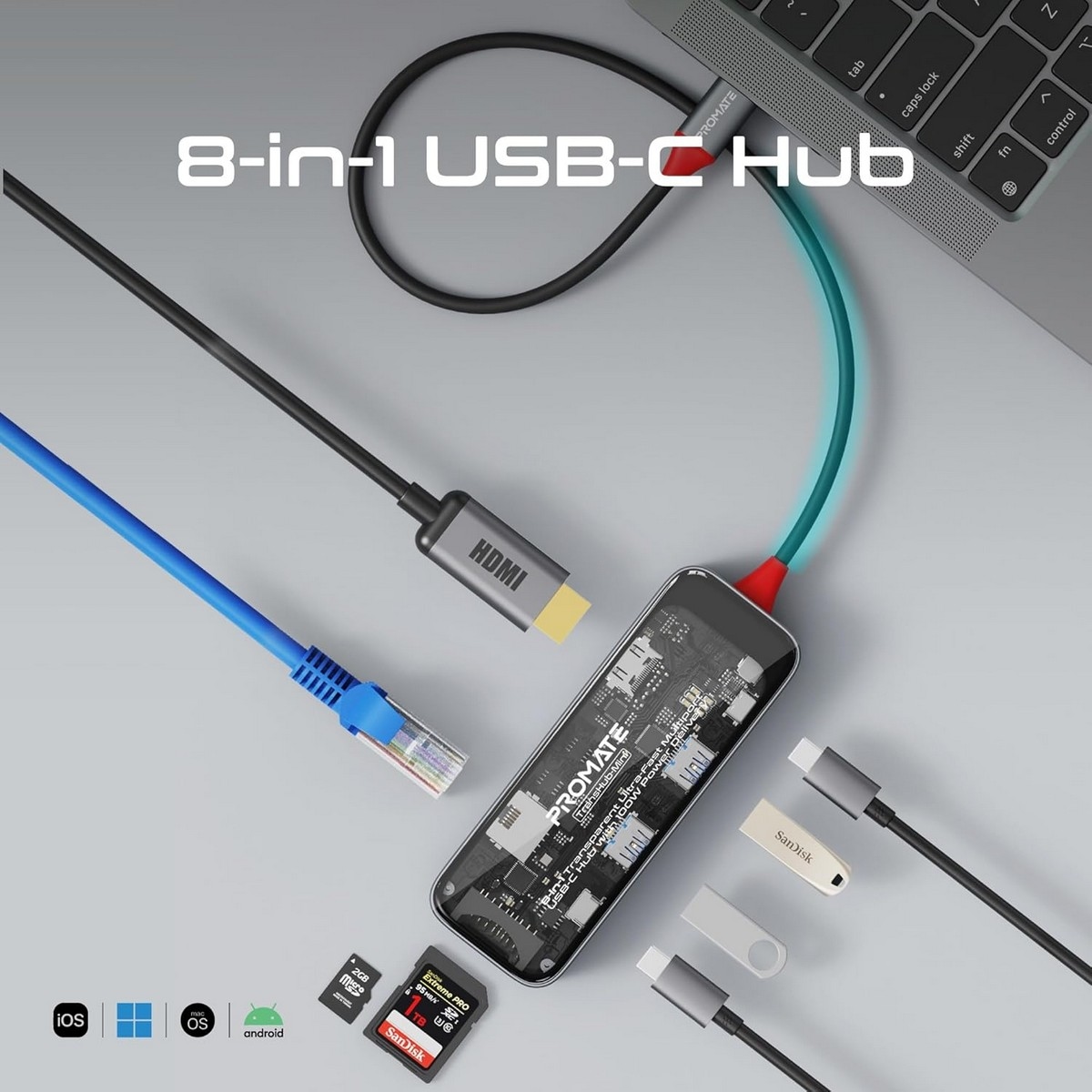 Promate Transparent 4K HDMI Multiport USB-C Media Hub