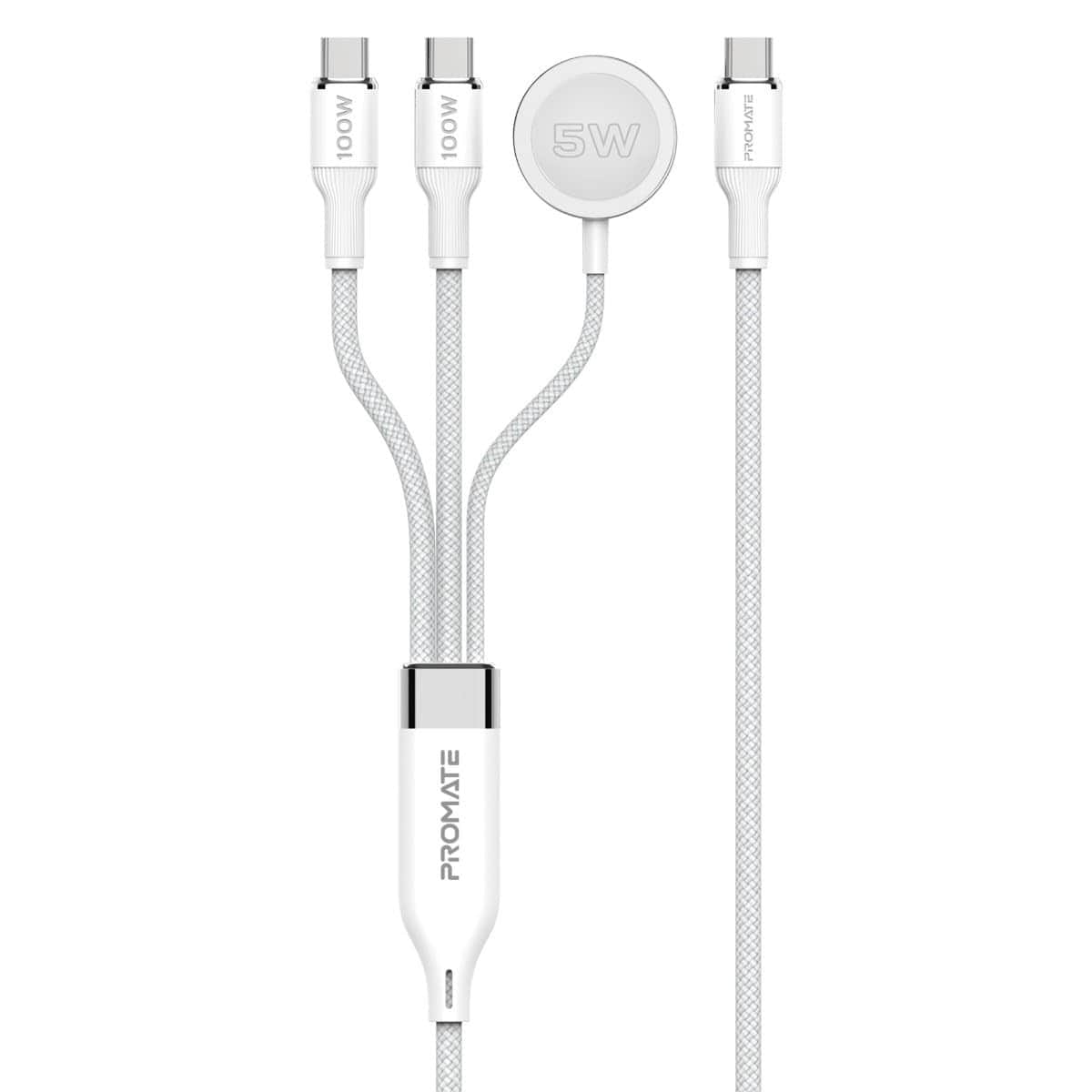 Promate 140W Multi-Device Charging Cable with Dual 100W USB-C & Apple Watch Charger