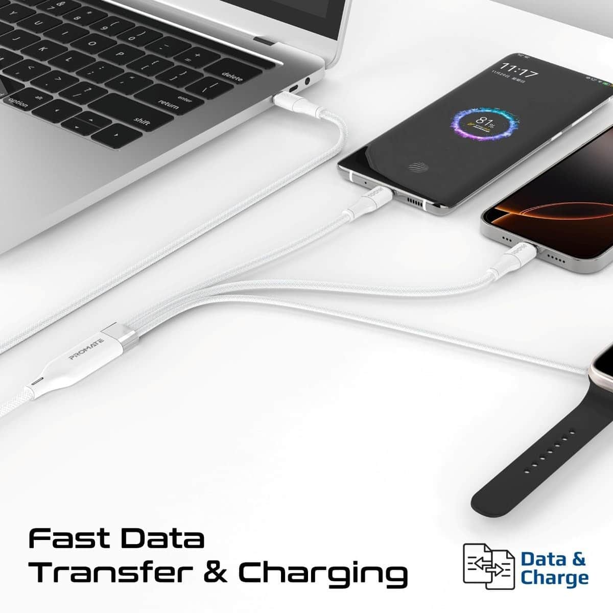 Promate 140W Multi-Device Charging Cable with Dual 100W USB-C & Apple Watch Charger