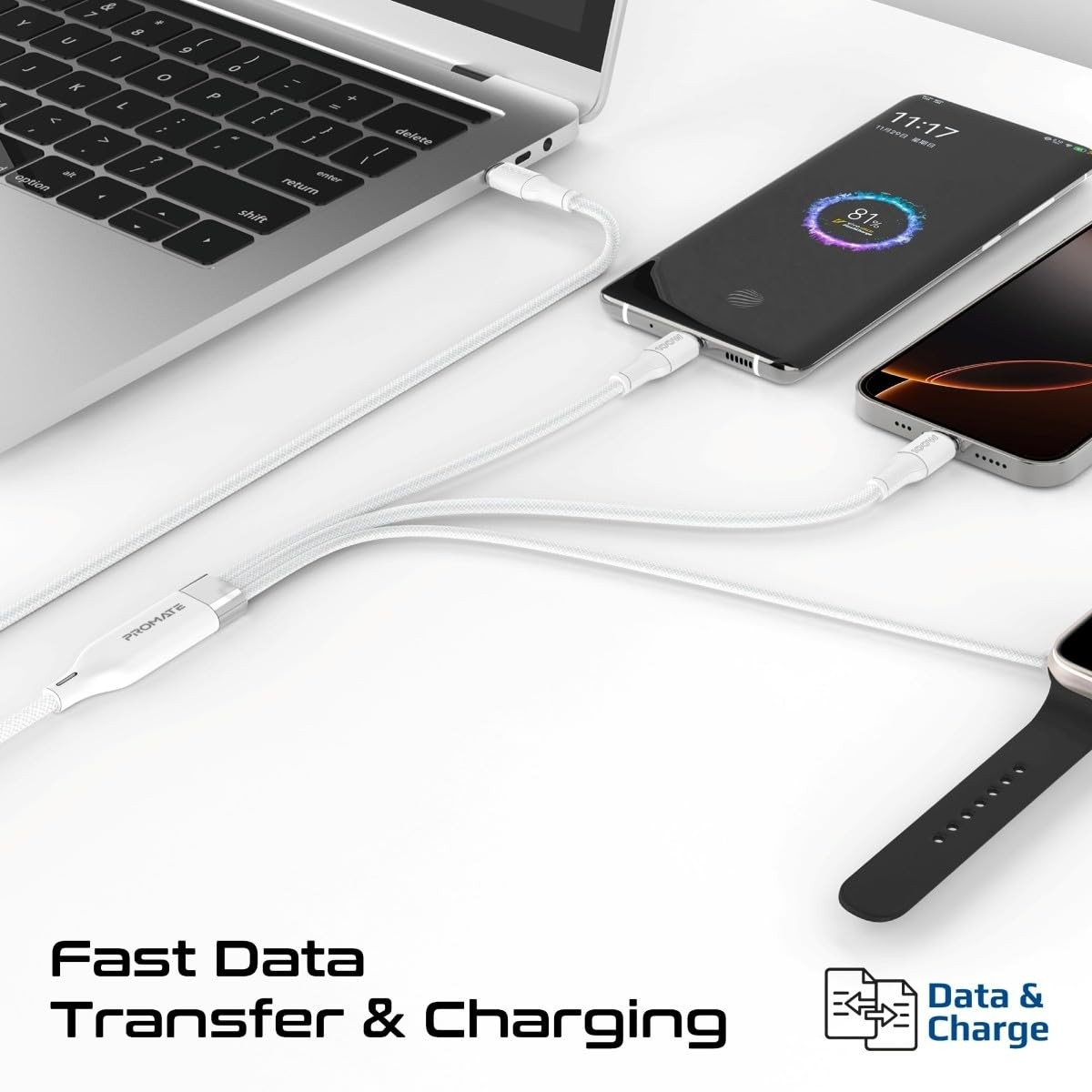 Promate 140W Multi-Device Charging Cable with Dual 100W USB-C & Apple Watch Charger