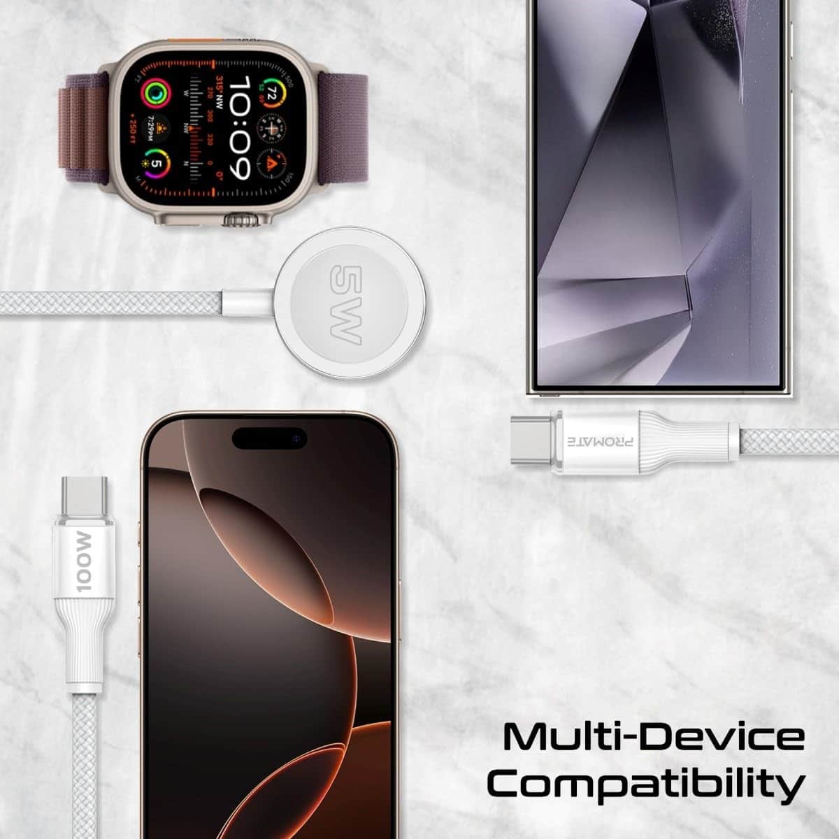 Promate 140W Multi-Device Charging Cable with Dual 100W USB-C & Apple Watch Charger