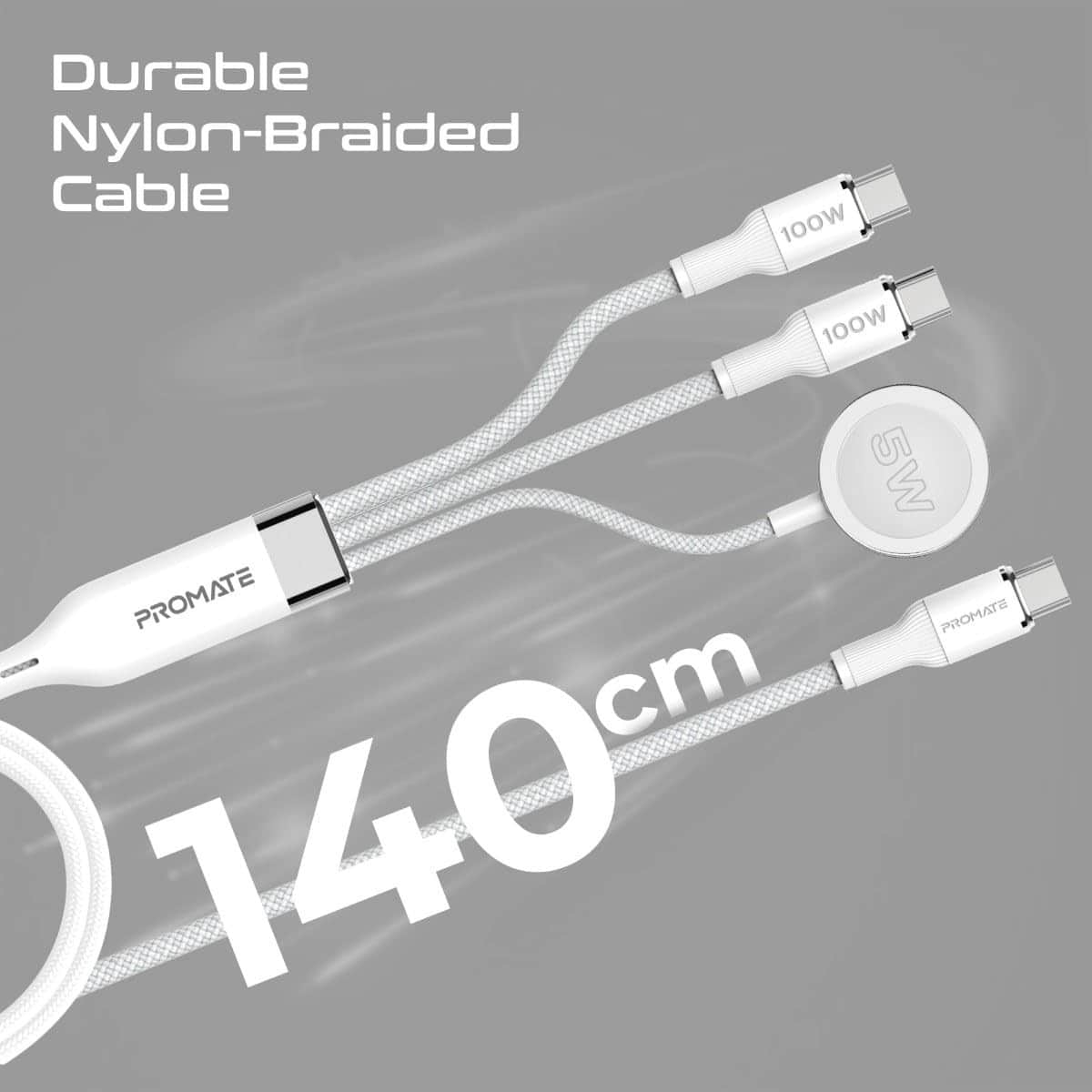 Promate 140W Multi-Device Charging Cable with Dual 100W USB-C & Apple Watch Charger