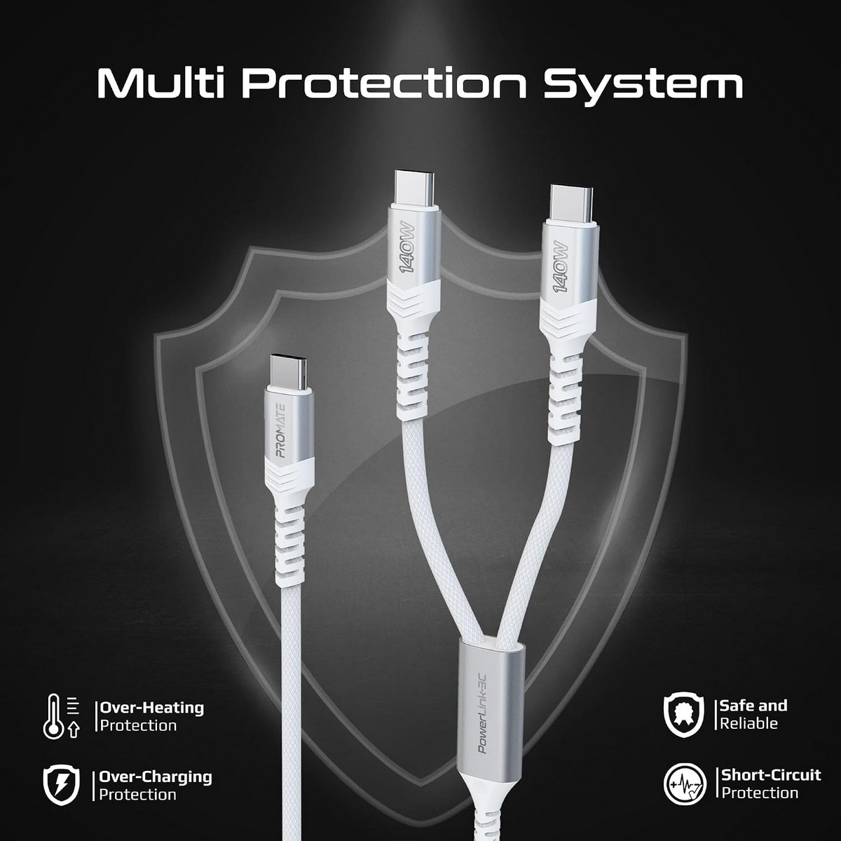 Promate 140W USB-C to Dual USB-C Braided Y-Cable