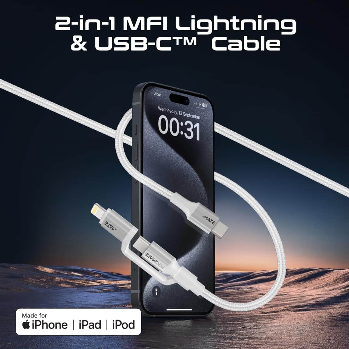 Promate 1.2m 3-in-1 MFi Lightning & USB-C Cable