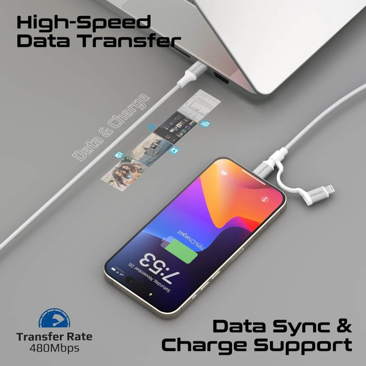 Promate 1.2m 3-in-1 MFi Lightning & USB-C Cable