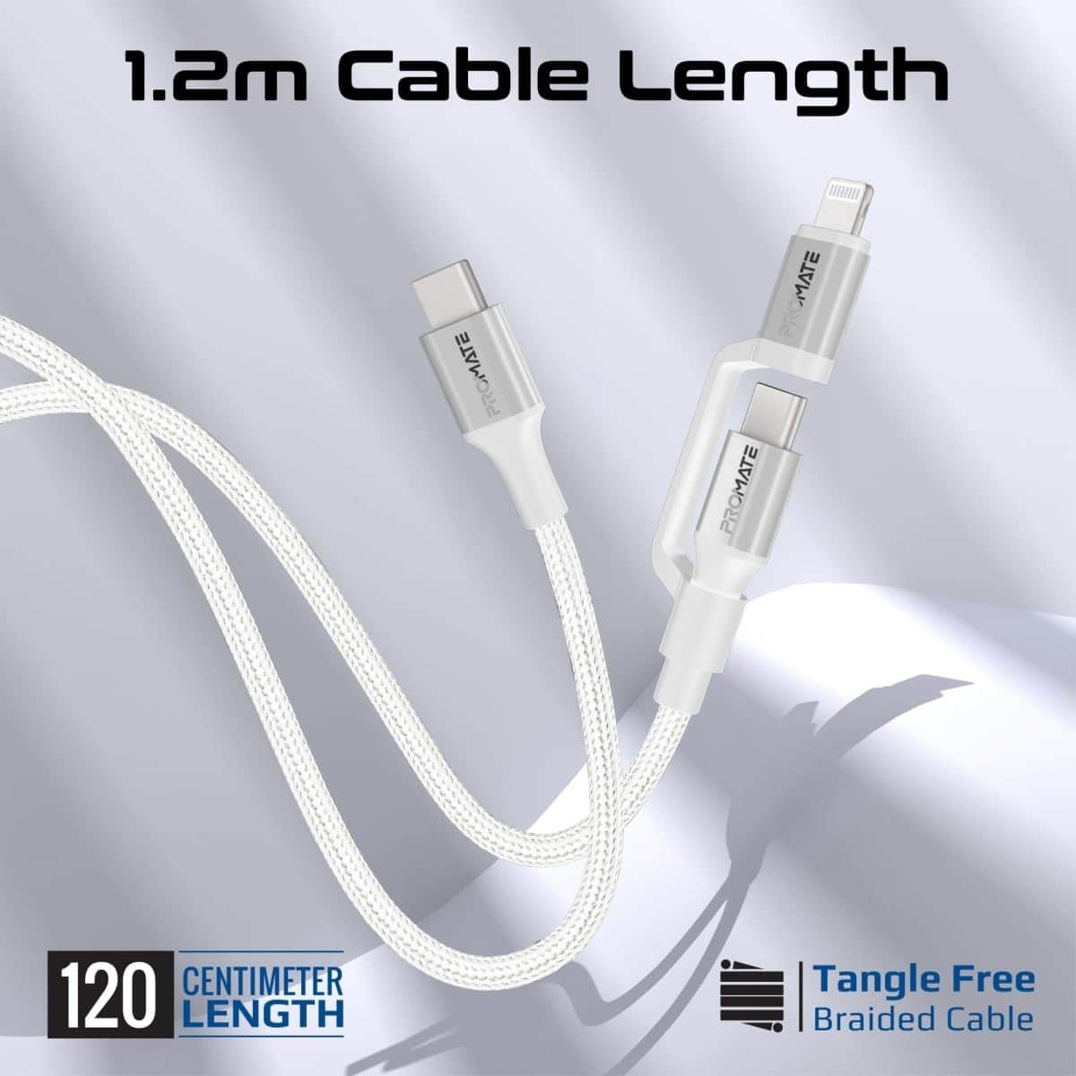 Promate 1.2m 3-in-1 MFi Lightning & USB-C Cable