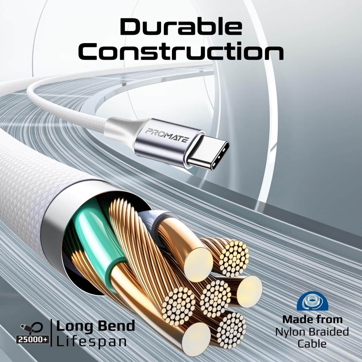 Promate 1.2m 3-in-1 MFi Lightning & USB-C Cable