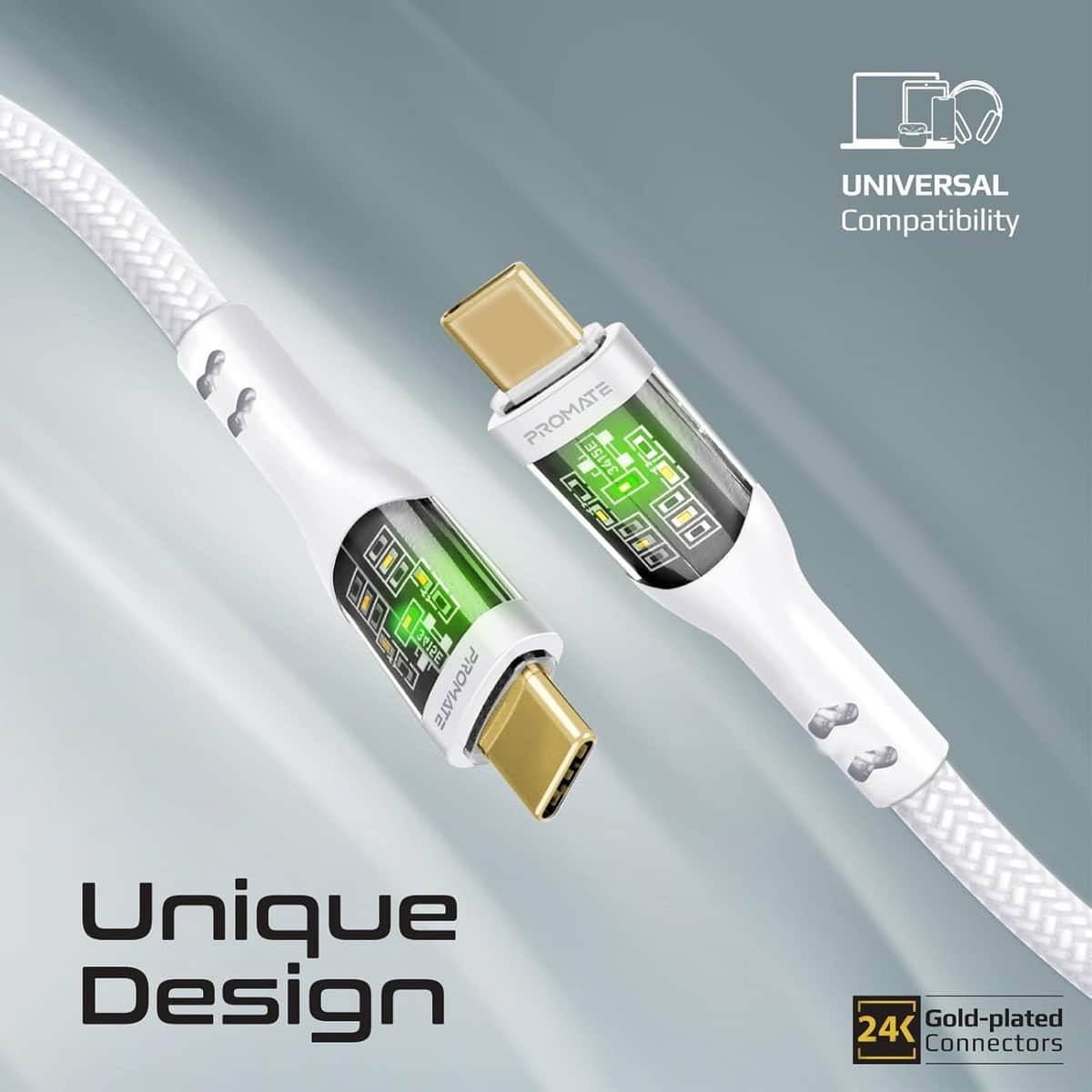 Promate 60W Transparent USB-C to USB-C Braided Cable