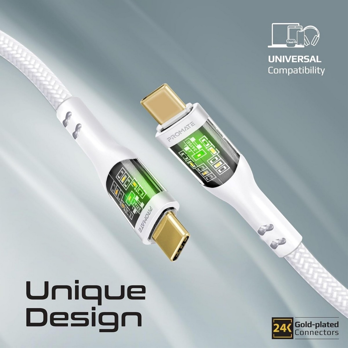Promate 60W Transparent USB-C to USB-C Braided Cable