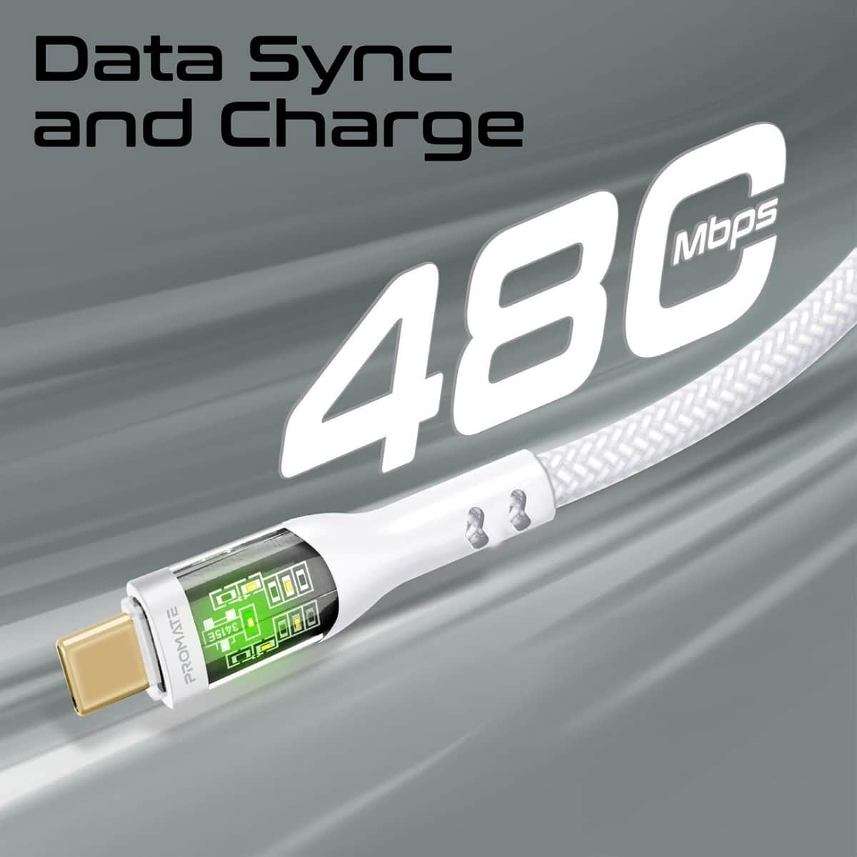Promate 60W Transparent USB-C to USB-C Braided Cable