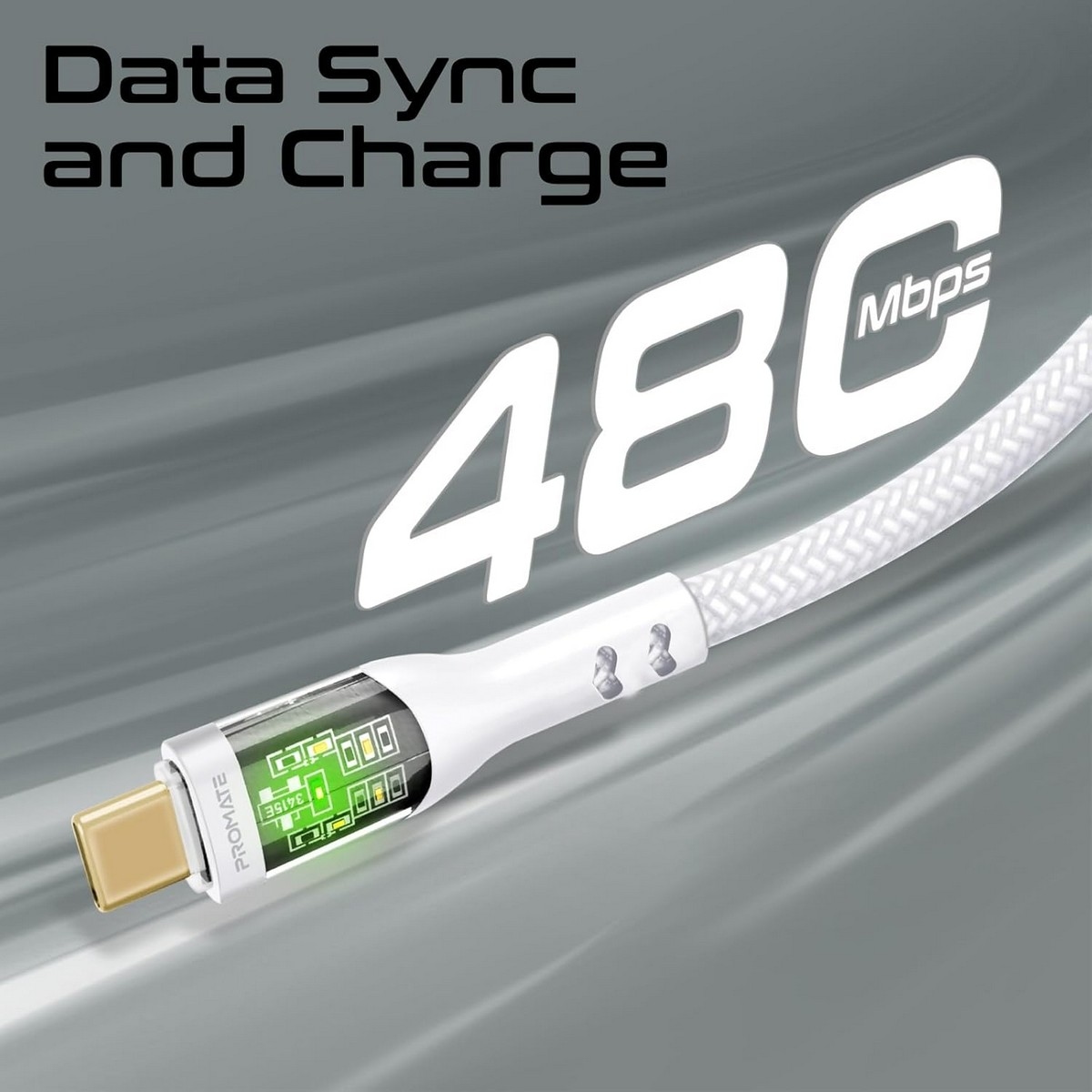 Promate 60W Transparent USB-C to USB-C Braided Cable