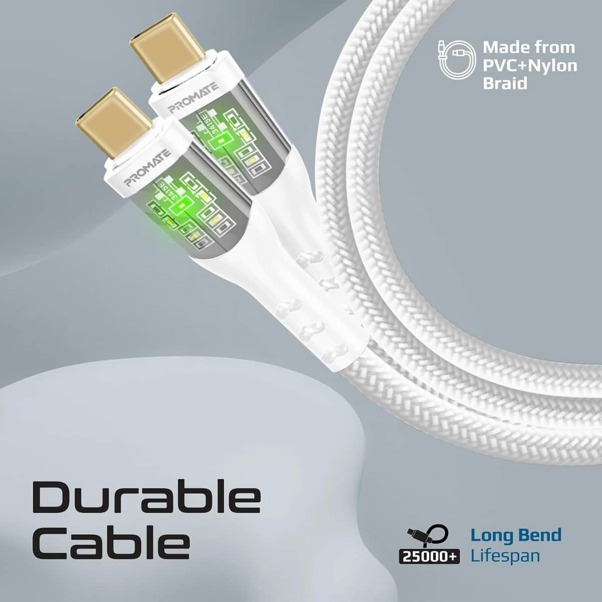 Promate 60W Transparent USB-C to USB-C Braided Cable
