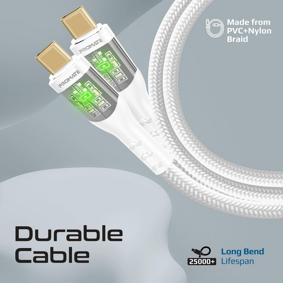 Promate 60W Transparent USB-C to USB-C Braided Cable