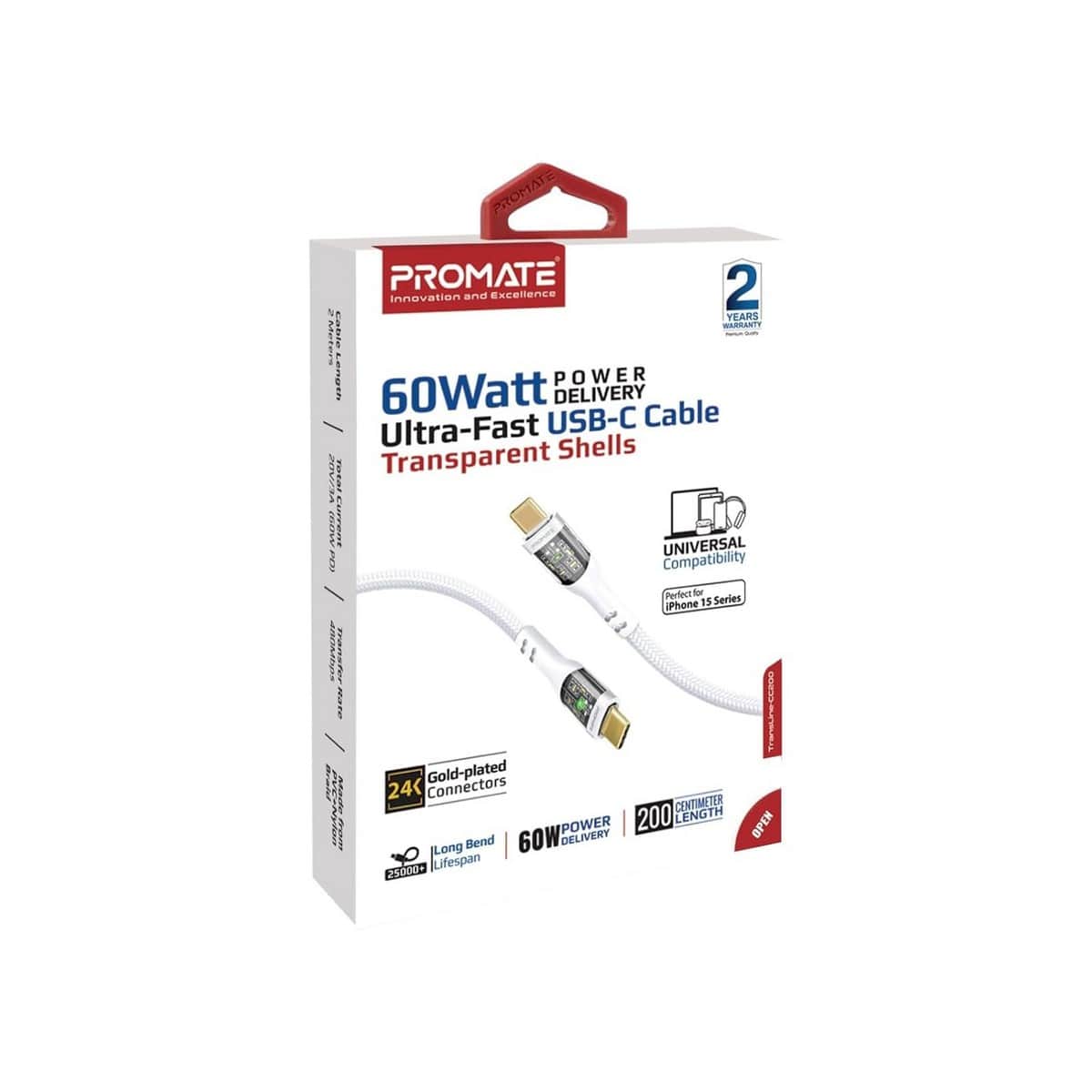Promate 60W Transparent USB-C to USB-C Braided Cable