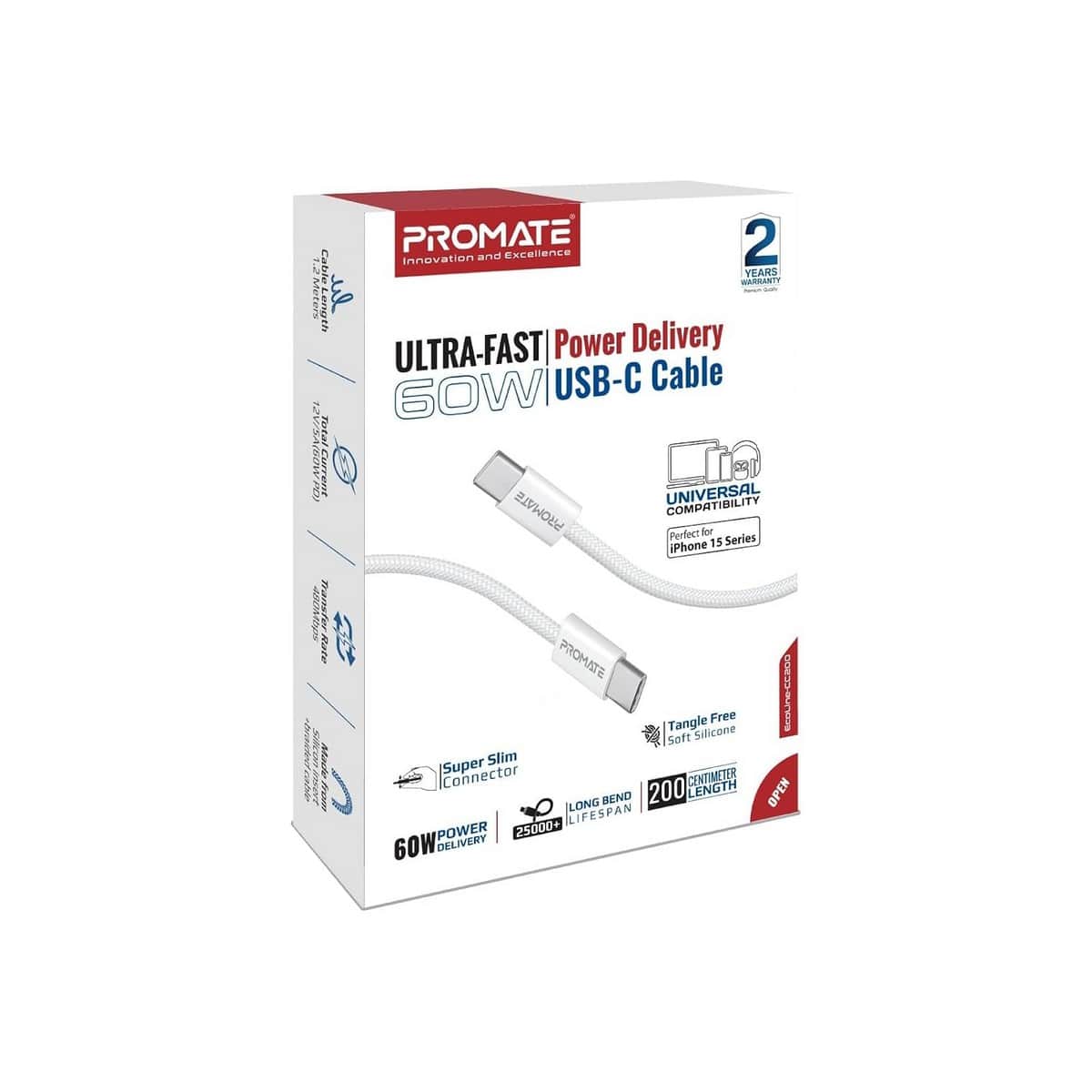 Promate 60W USB-C to USB-C Braided Cable