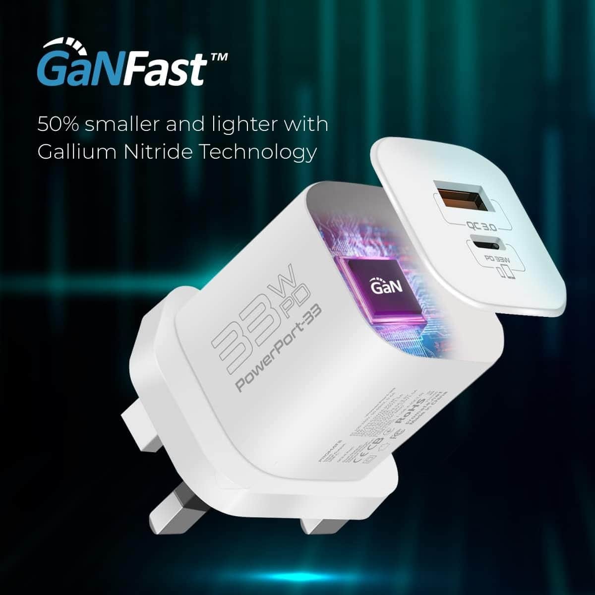 Promate 33W GaN USB-C & QC 3.0 Wall Charger