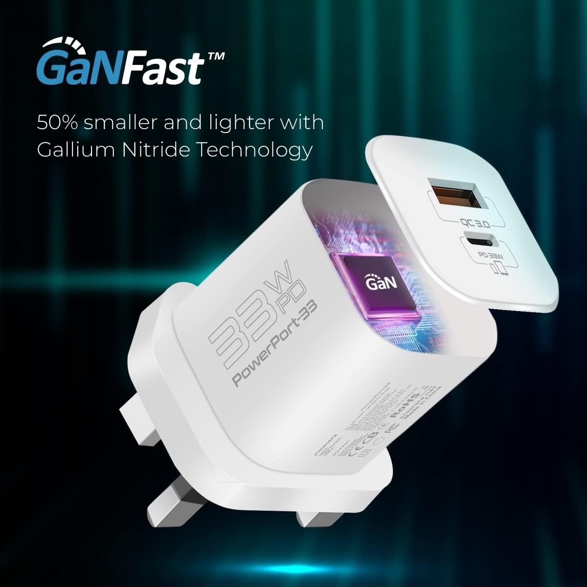 Promate 33W GaN USB-C & QC 3.0 Wall Charger