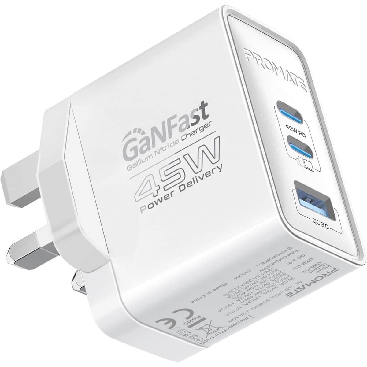 Promate 45W GaNFast Multi-Regional Multi-Port Wall Charger