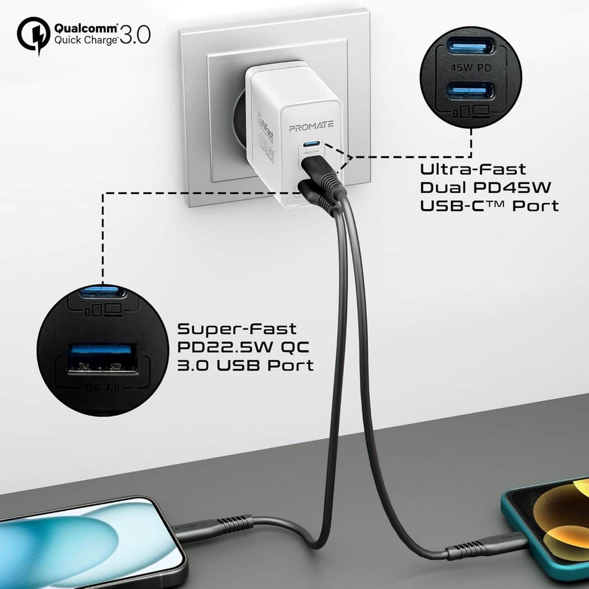 Promate 45W GaNFast Multi-Regional Multi-Port Wall Charger