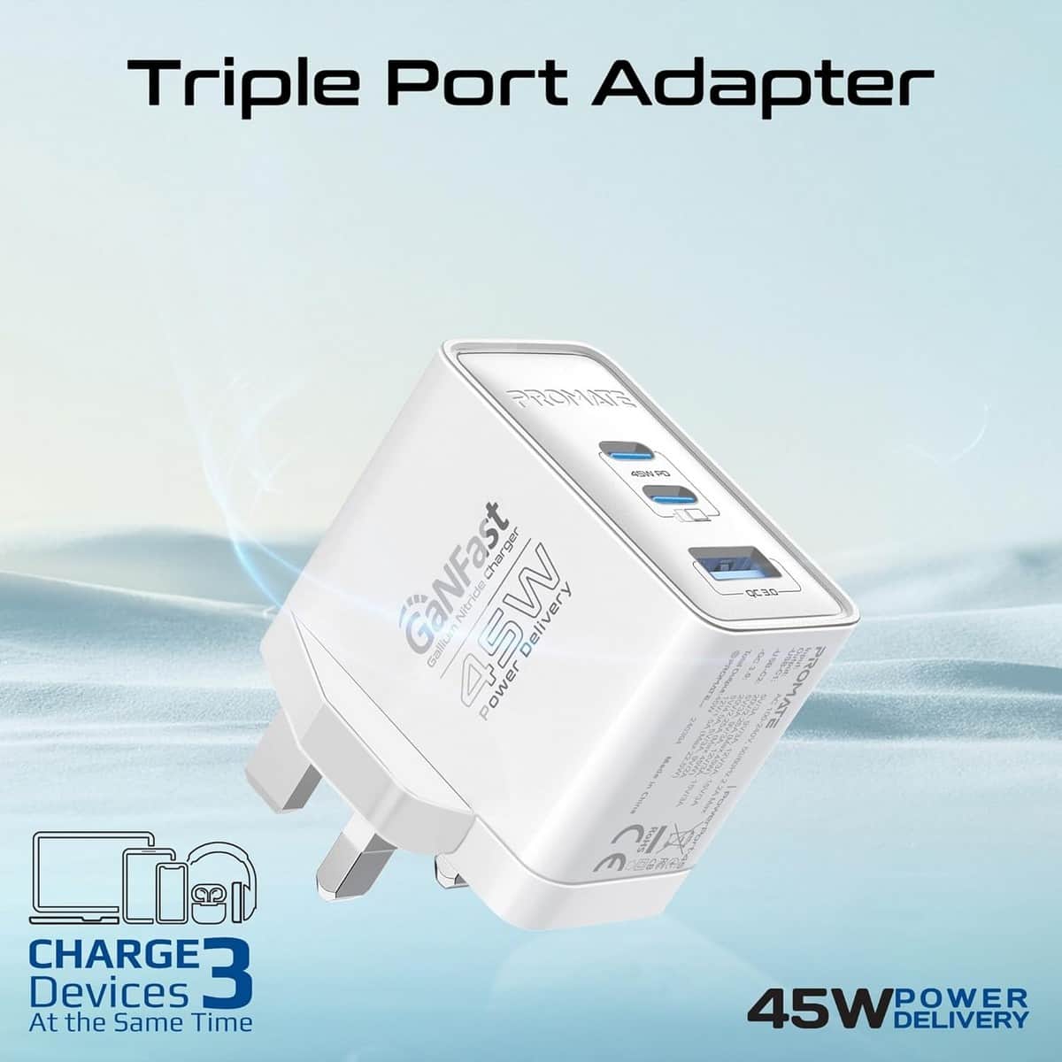 Promate 45W GaNFast Multi-Regional Multi-Port Wall Charger