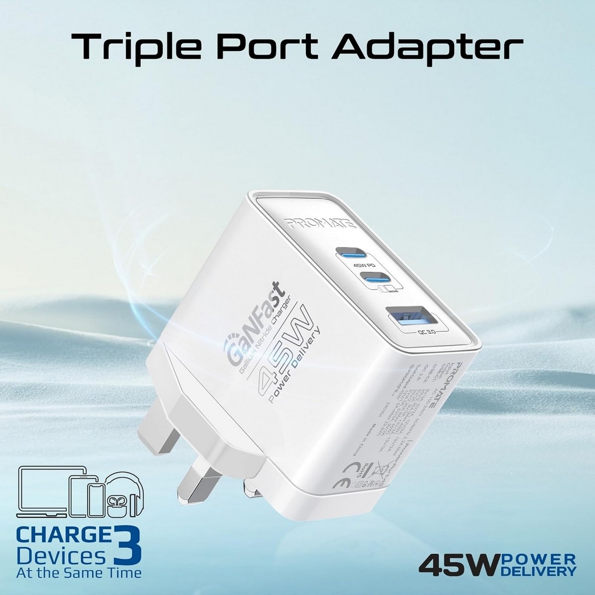 Promate 45W GaNFast Multi-Regional Multi-Port Wall Charger