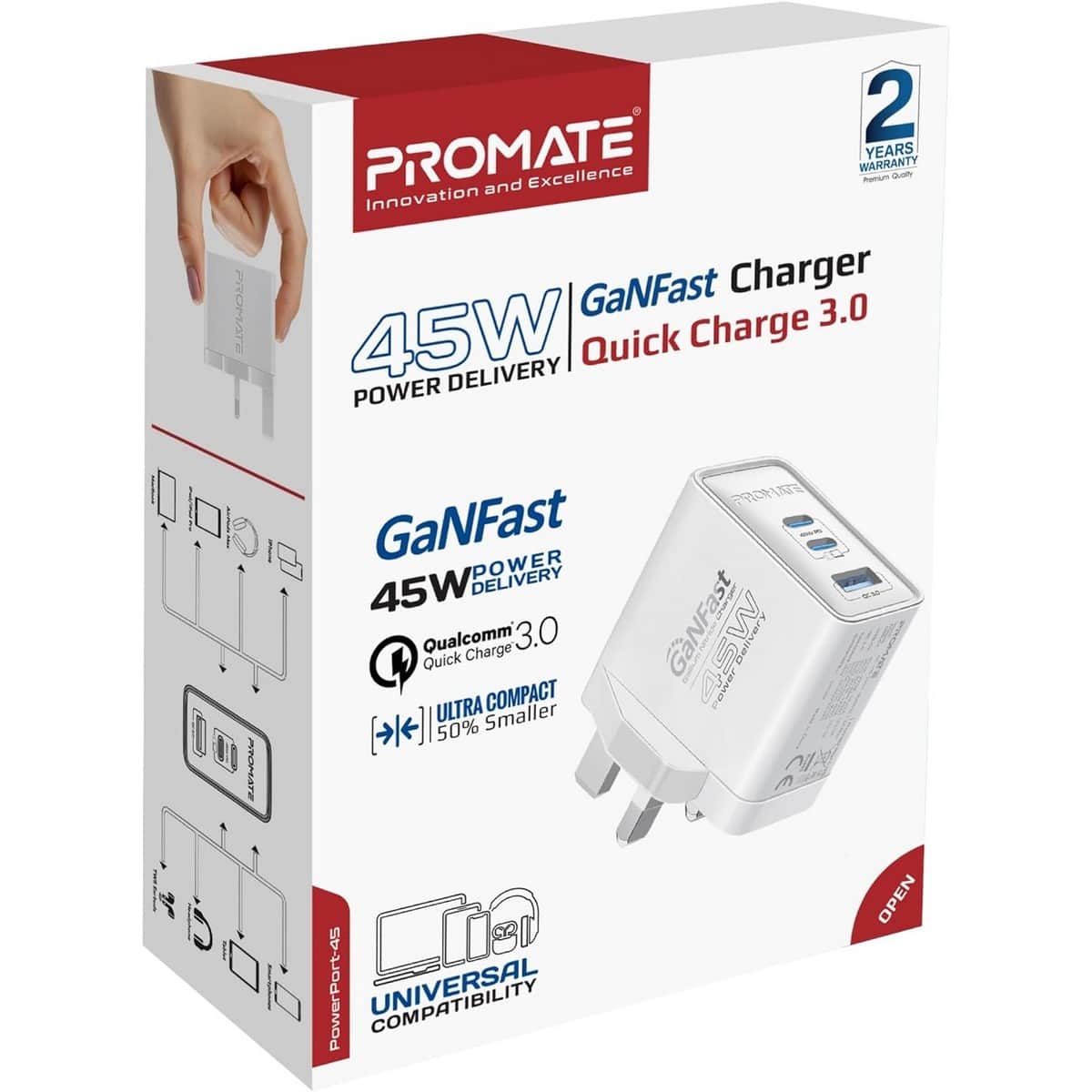 Promate 45W GaNFast Multi-Regional Multi-Port Wall Charger
